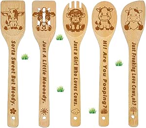 Cow Wooden Cooking Spoons 5Pcs, Highland Cow Gifts for Women Cow Kitchen Decor for Cow Lovers Bamboo Wooden Spoons for Cooking Cow Stuff Party Favors Housewarming Wedding