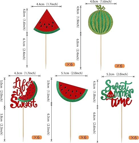 Miniatura 2 de Rsstarxi Paquete de 30 adornos de sandía para cupcakes con purpurina dulce de verano con temática de frutas tropicales para cupcakes temáticos de