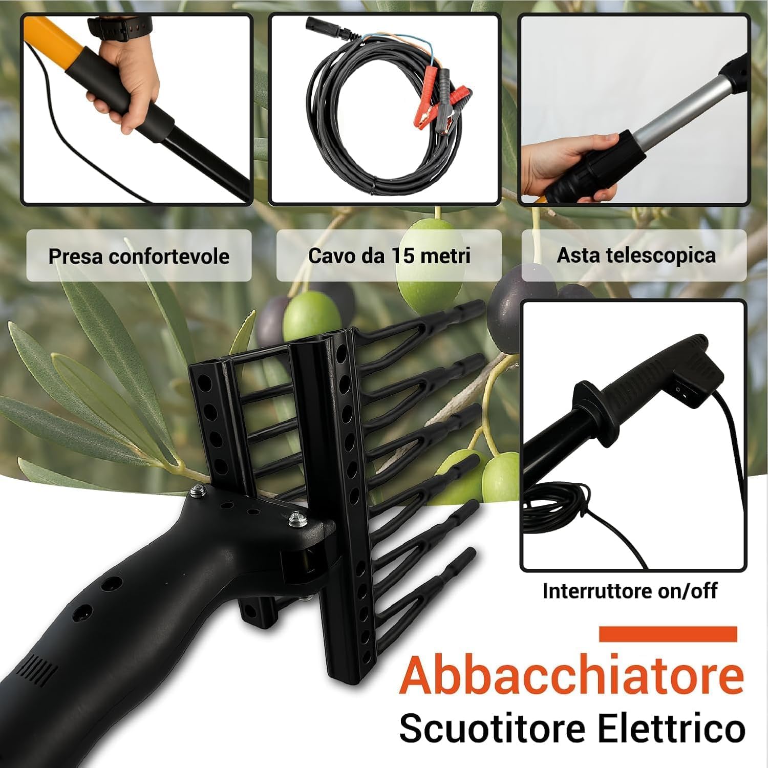 Abbacchiatore Elettrico per Olive 12V con Asta Telescopica in Alluminio 400w, Movimento Alternato 800 battiti/min, Pettine in Tecnopolimero, Cavo 15 m, Scuotitore Professionale Raccolta Olive