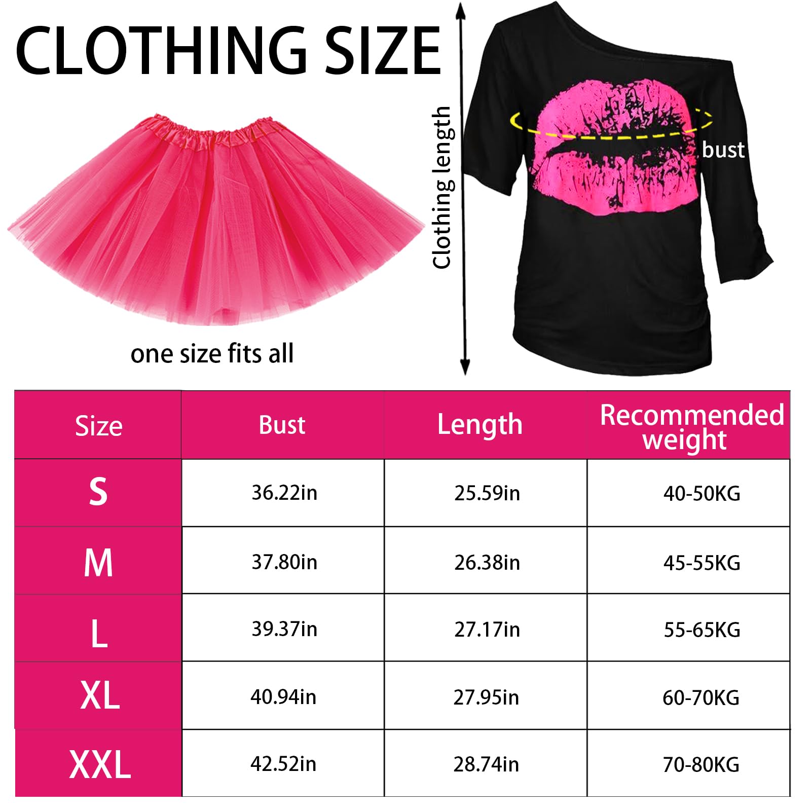 YOUYIKE Disfraz Años 80 Mujer Accesorios S/M/L/XL/XXL,Camiseta, Riñonera, Tutú, Diadema, Collar, Pendiente, Ropa Años 80 Disfraz Carnival Christmas Halloween Cosplay
