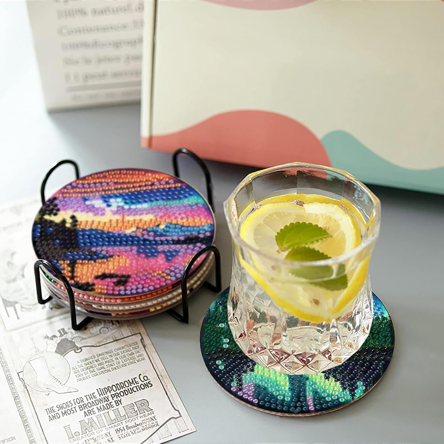 8 Pcs Aurora Diamond Art Coasters Kits with Holder, Landscape Diamond Painting Coasters Kits for Adults, DIY 5D Nature Scenery Diamond Dots Small Mini Kit Full Drill Art Craft Supplies 4X4 Inch