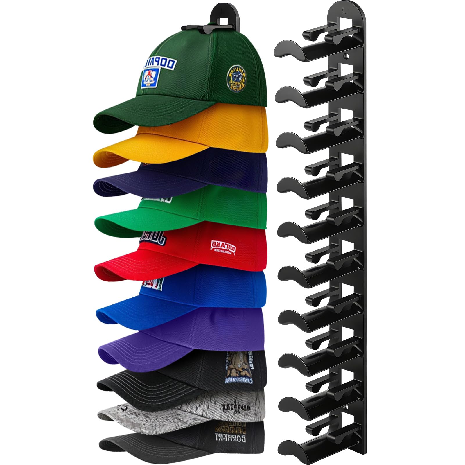 Hat Organizer for Baseball Caps, Hat Rack for Wall Closet Door Hold up to 10 Hats,Hat Holder with Adhesive and 4 Screws, Hat Hanger Cap Holder Hat Hangers for Wall Closet Door Bedroom(1pc,B-Black)