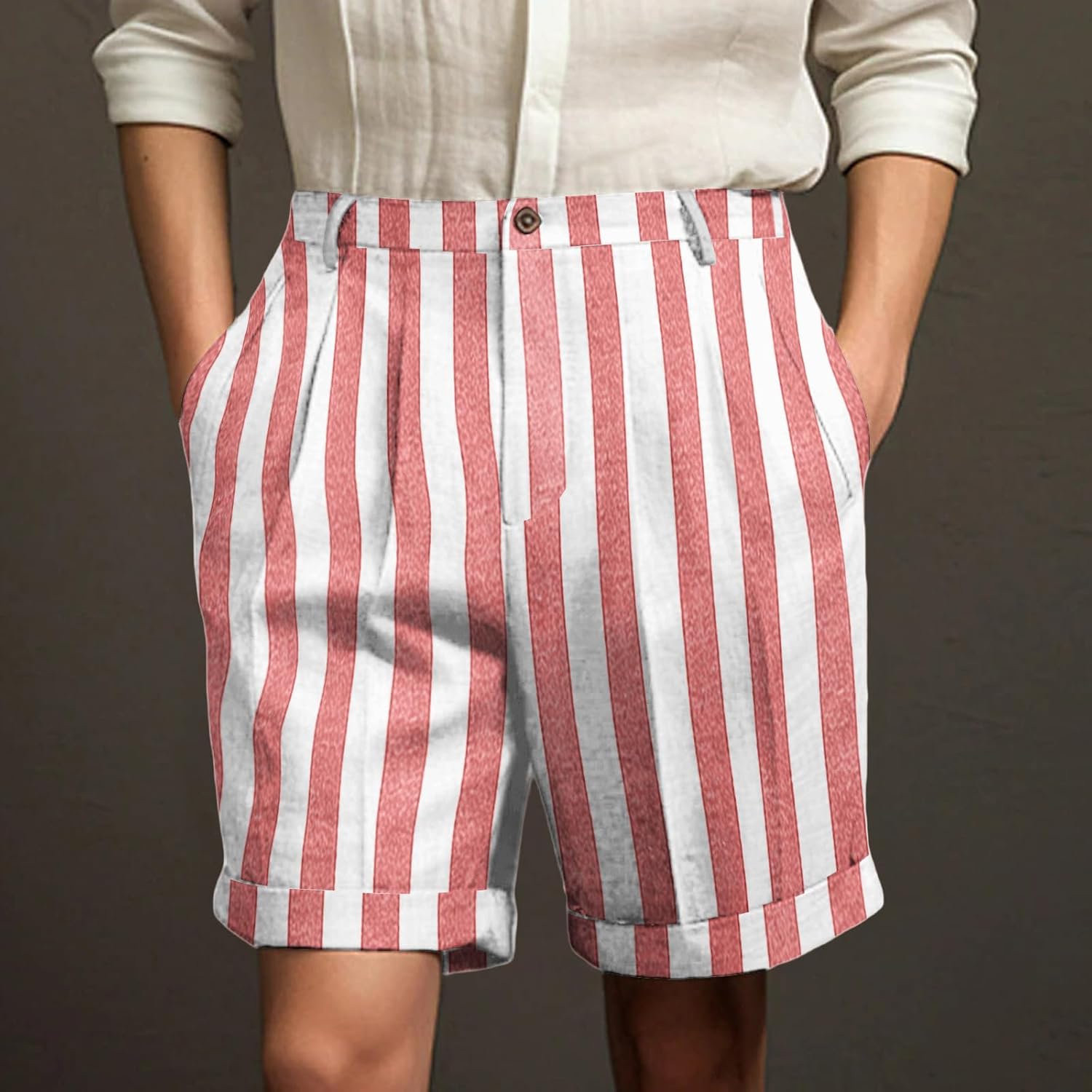 Ymosrh Men's Causal Shorts Lightweight Striped Pleated Front Chino Dress Shorts with Pockets S-3XL