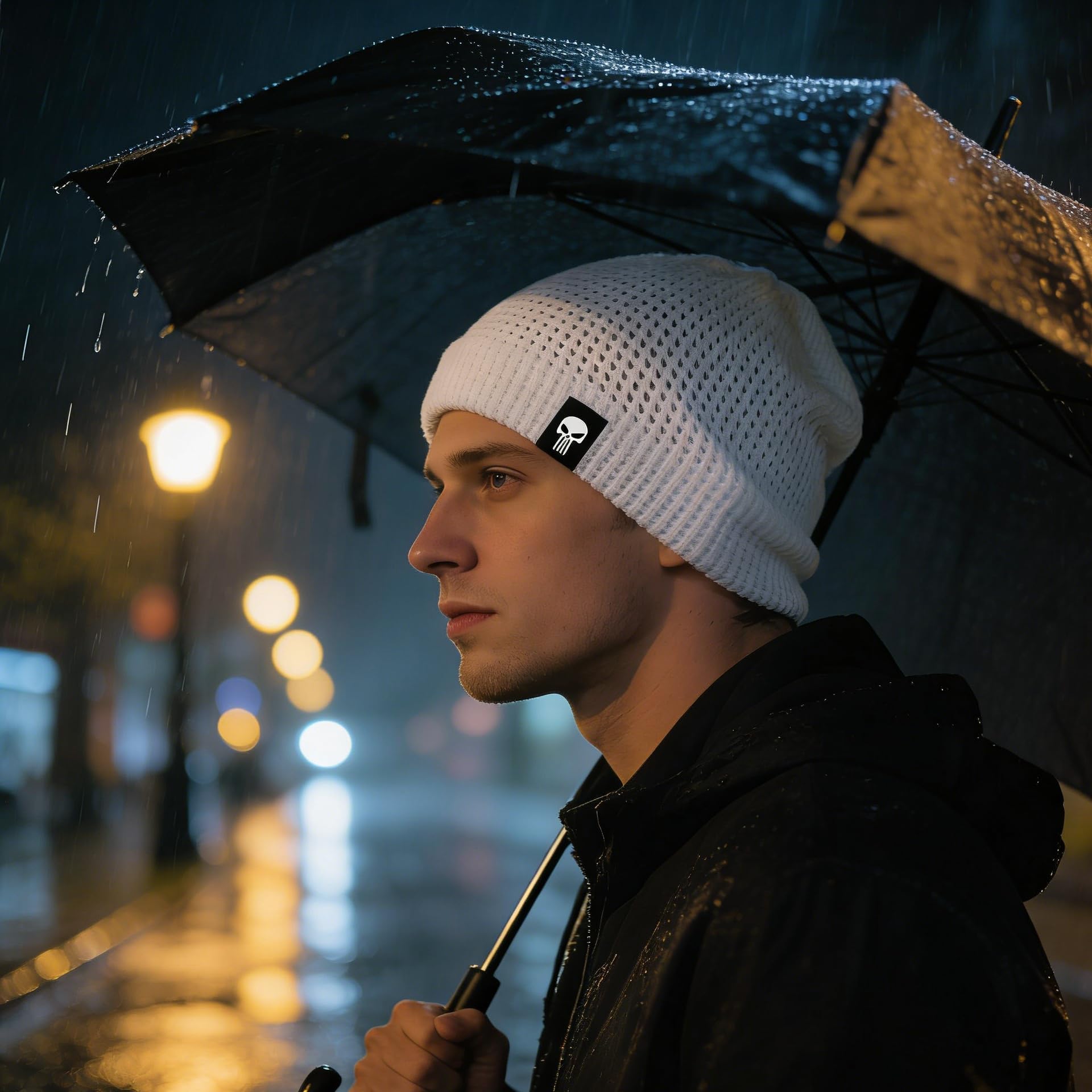 Skull Logo Knitted Beanie, Thick Warm Comfortable Beanie for Men & Women, Elastic Fit, Perfect for Outdoor Sports & Casual Wear, White