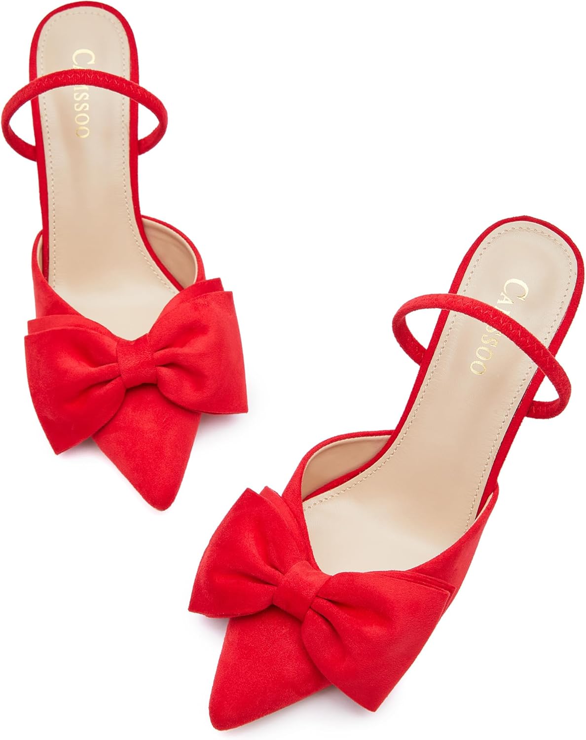 CAMSSOO Womens Bow Heels Slingback Pumps Suede Closed Pointed Toe Kitten Heel Mules with Strap Stiletto Slip On Dress Shoes - Image 5