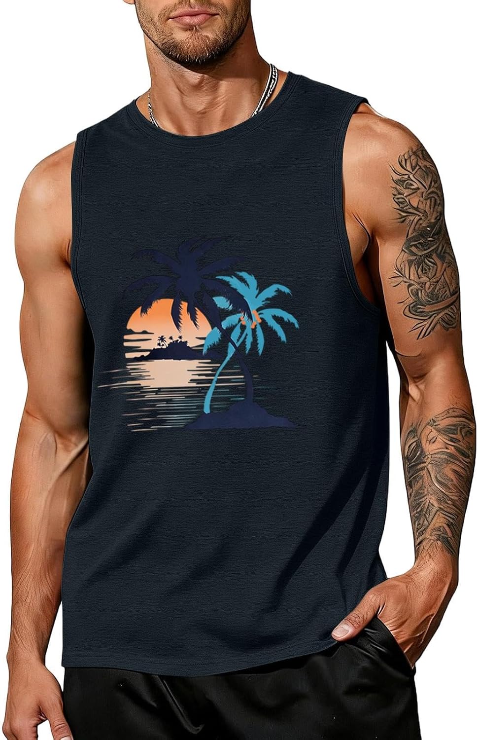 Men's Hawaiian Palm Tree Print Tank Top Workout Gym Muscle Shirts Summer Beach Vacation Sleeveless Tee Shirts