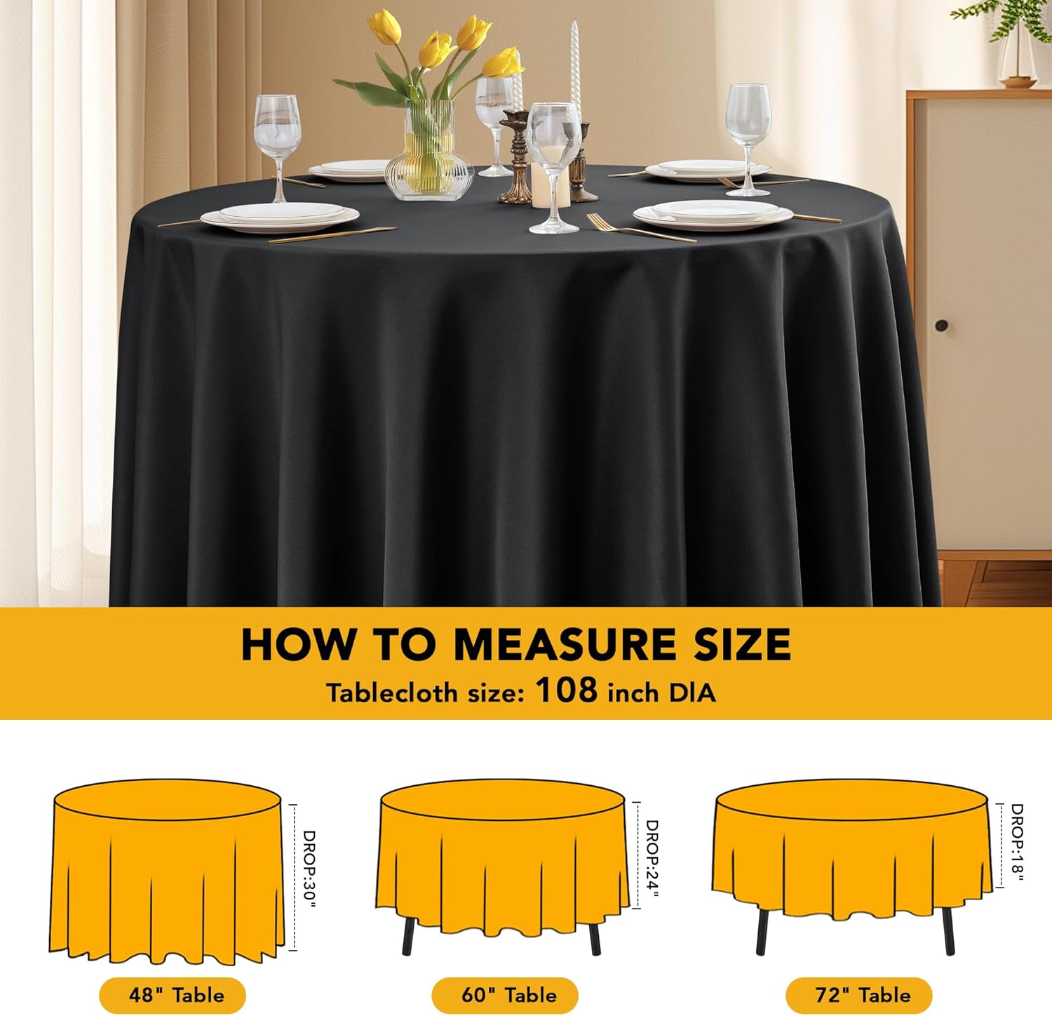10-Pack Black Round Tablecloths, 108 Inches, Stain-Resistant Polyester for 4-5 Ft Round Tables - Washable Table Covers for Weddings, Banquets, Birthday Parties, Events - Image 6