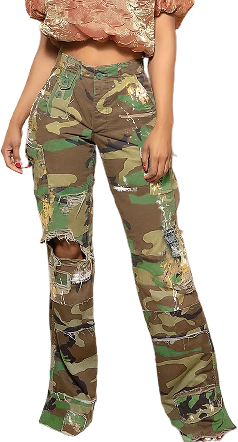 Camo Pants Women High Waist Camouflage Cargo Pants Wide Leg Jogger Sweatpants Trousers with Pockets