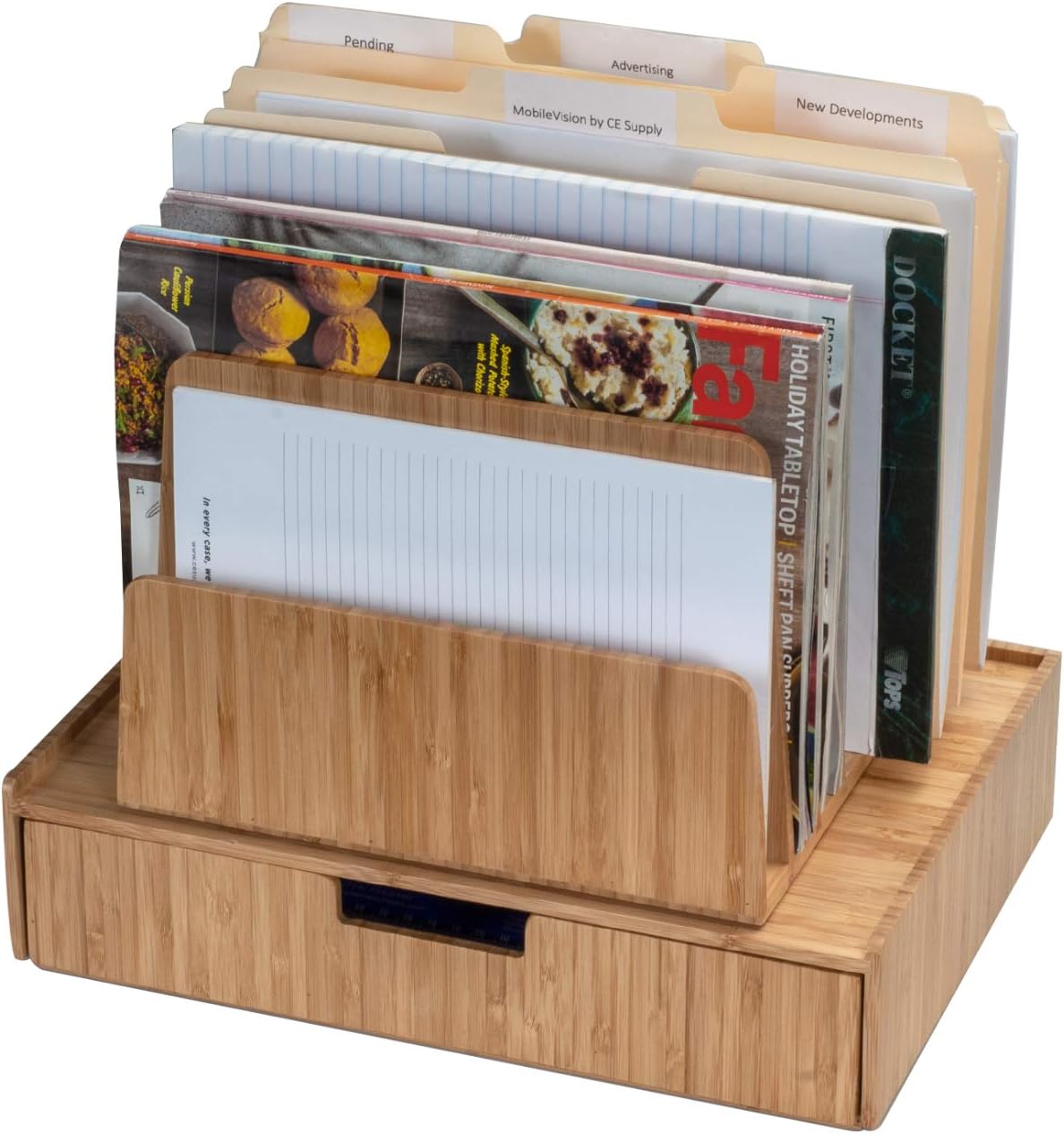 Free Shipping 🛒 Bamboo Desktop File Folder Organizer, 7 – Slot w/ Drawer Combo Storage for Office Supplies & Stationary items