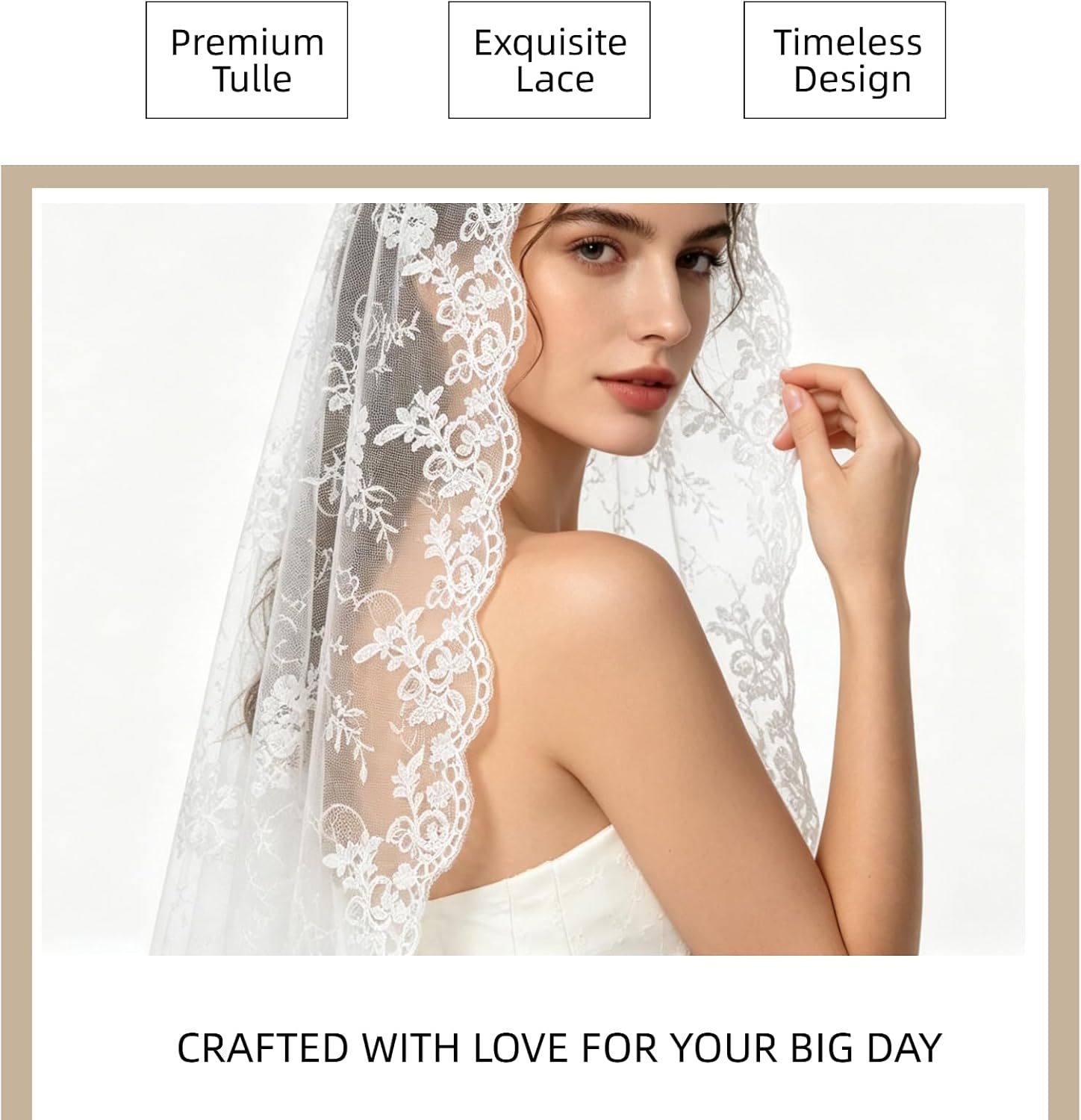 Lace Wedding Veil for Brides, 1 Tier Mantilla Veil with Lace Edge, Fingertip and Waltz Length Bridal Veil for Wedding