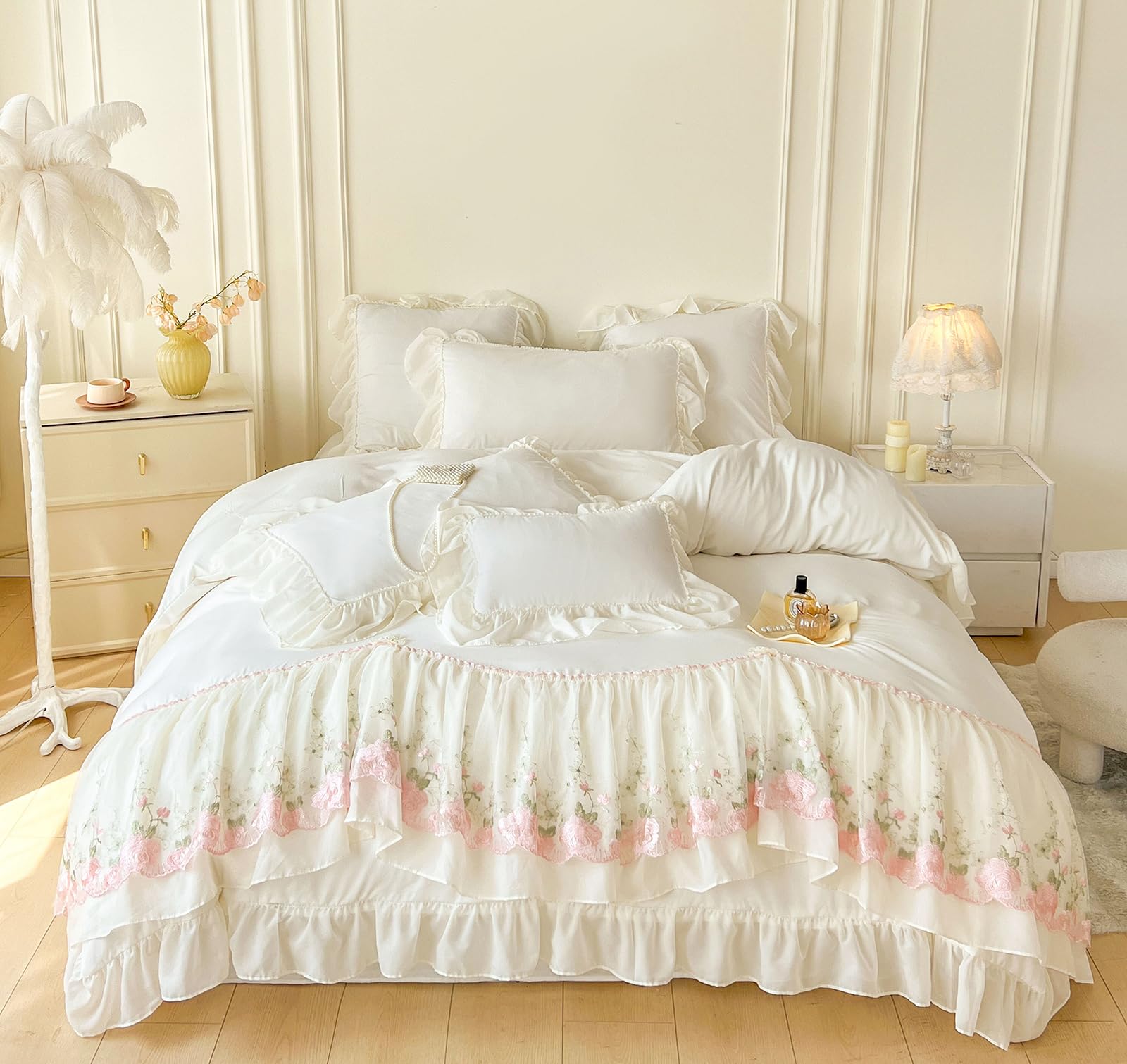 ZIQINPSQ Ruffle Single Duvet Cover Set Floral Bedding Set,Romantic French Princess Style Breathable Microfiber Comforter Cover(Insert Not Included), Ivory