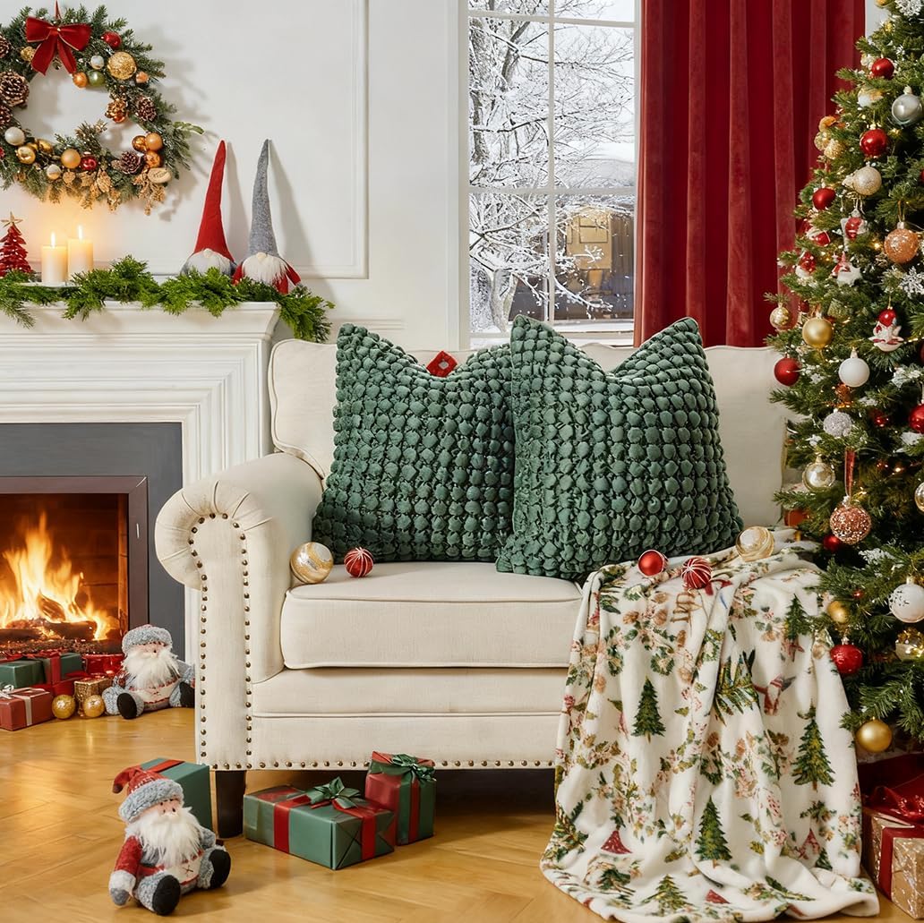 Christmas Pillow Cover 24x24 1 Piece Velvet Euro Sham Decorative Farmhouse Pillowcase Boho Square Cushion Covers Soft Bubble Texture for Couch Sofa Bed Bedroom Car Living Room,Green