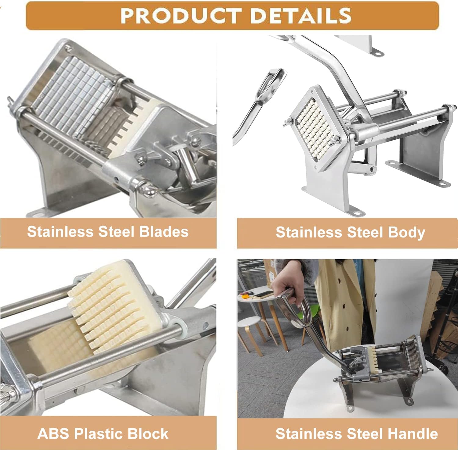 uyoyous French Fry Cutter Stainless Steel Potato Cutter Commercial Vegetable Fruit Chopper with 1/2'', 3/8'', 1/4'' Blades Potato Dicer Slicer Machine for Cucumber Carrot,Fixed Counter or Wall Mount