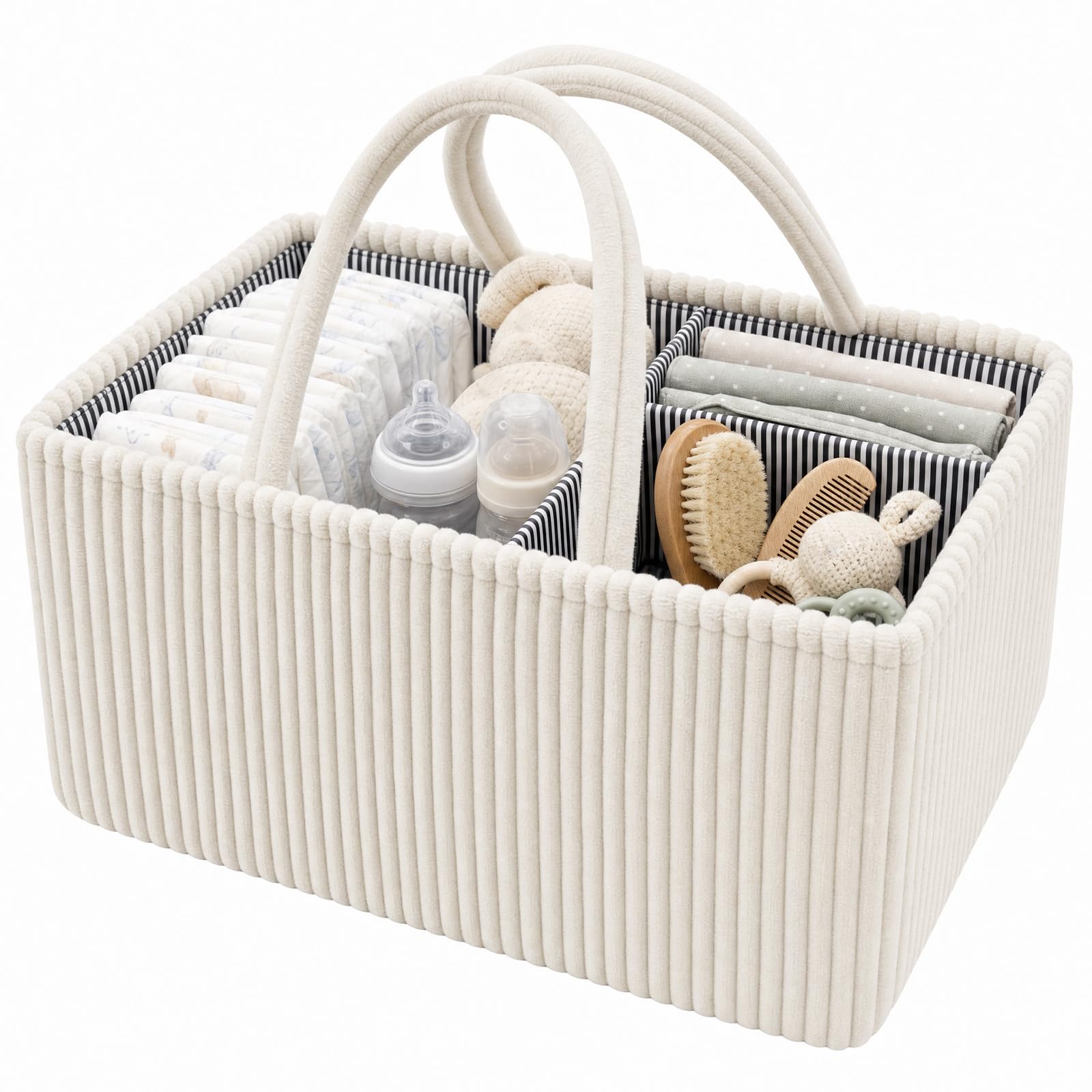 Bpyhebe Divided Corduroy Diaper Caddy Organizer Bin Foldable Storage Basket with Handle for Baby Nursery Car Bathroom Bedroom(Beige)