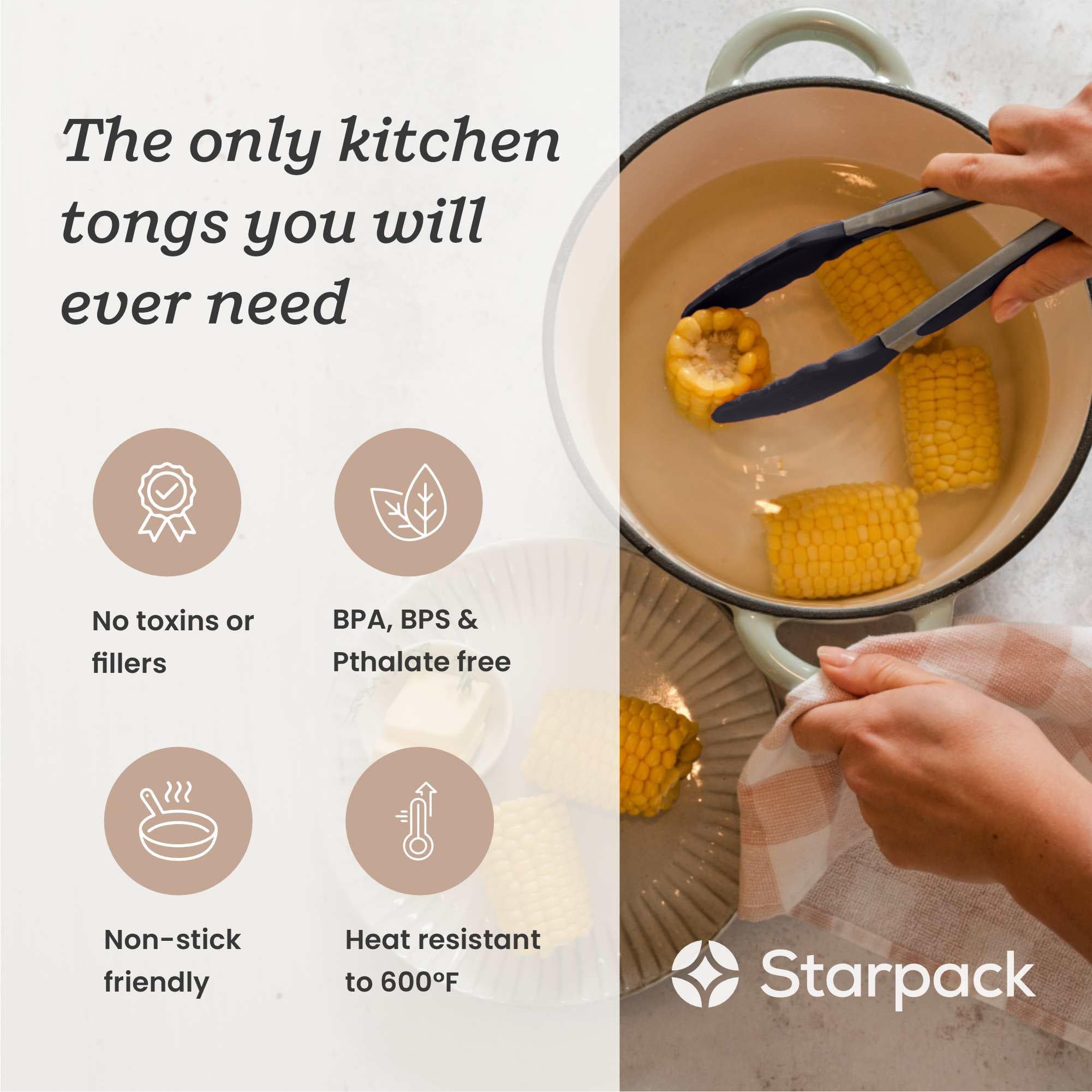 StarPack Premium Silicone Kitchen Tongs 9-Inch - Stainless Steel with Non-Stick Silicone Tips, High Heat Resistant to 600°F, For Cooking, Serving, Grill, BBQ & Salad (Gray Black)