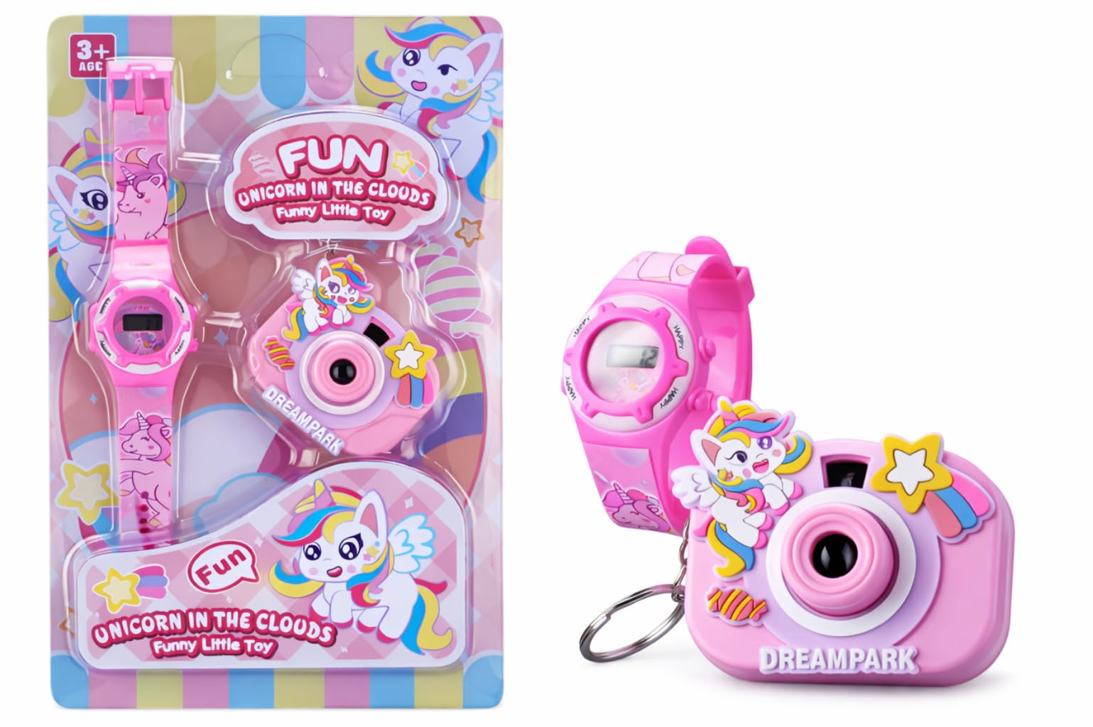 Kids Unicorn Projection Camera Toy with Digital Watch – 2-in-1 Cartoon Silicone Watch & Mini Projector Camera, Luminous, Gift Set for Girls 3+ | لعبة كاميرا بروجكتور للأطفال مع ساعة رقمية – طقم 2 في 1