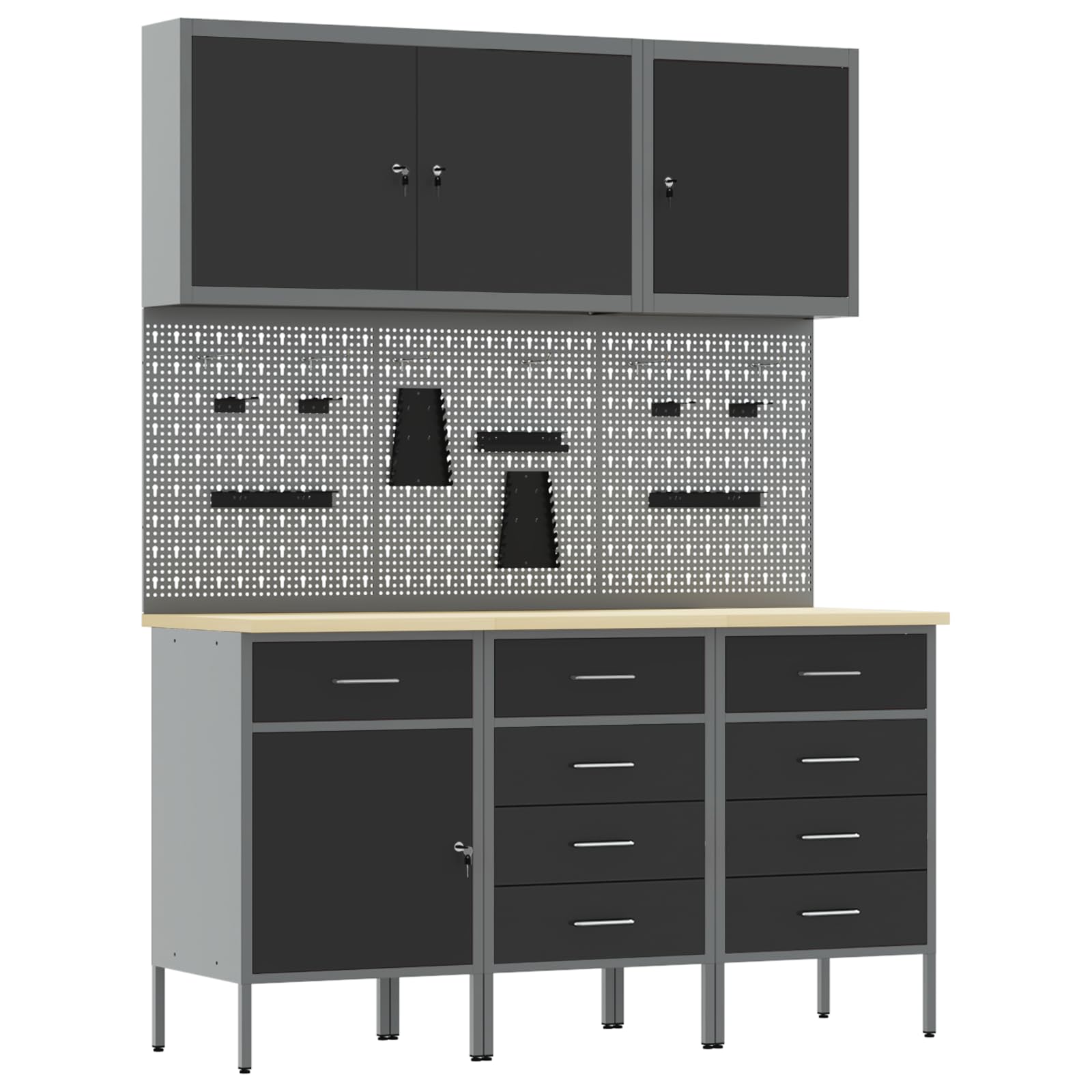 Homogen Werkbank mit Schubladen 8 pcs Schwarz Ingenieure Holz und Stahl 150x55x200 cm Werkstatt Schrank Organizer mit 9 Schubladen und Lochwand für Garage Hobbyraum und Baustelle