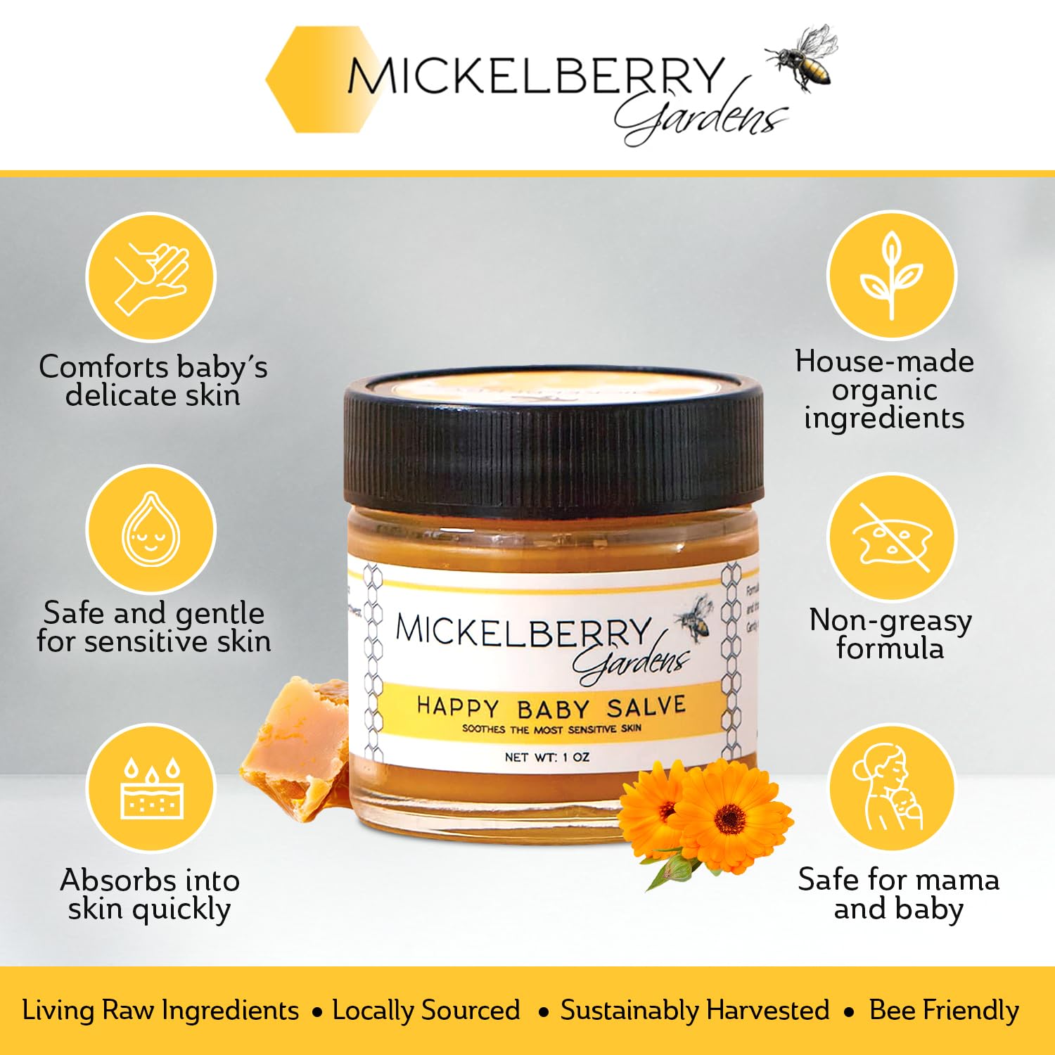 Mickelberry Gardens Herbal Baby Salve – Organic Diaper Rash Cream with Calendula & Beeswax – Natural Soothing Ointment for Sensitive Skin, Eczema & Dryness (1 oz)