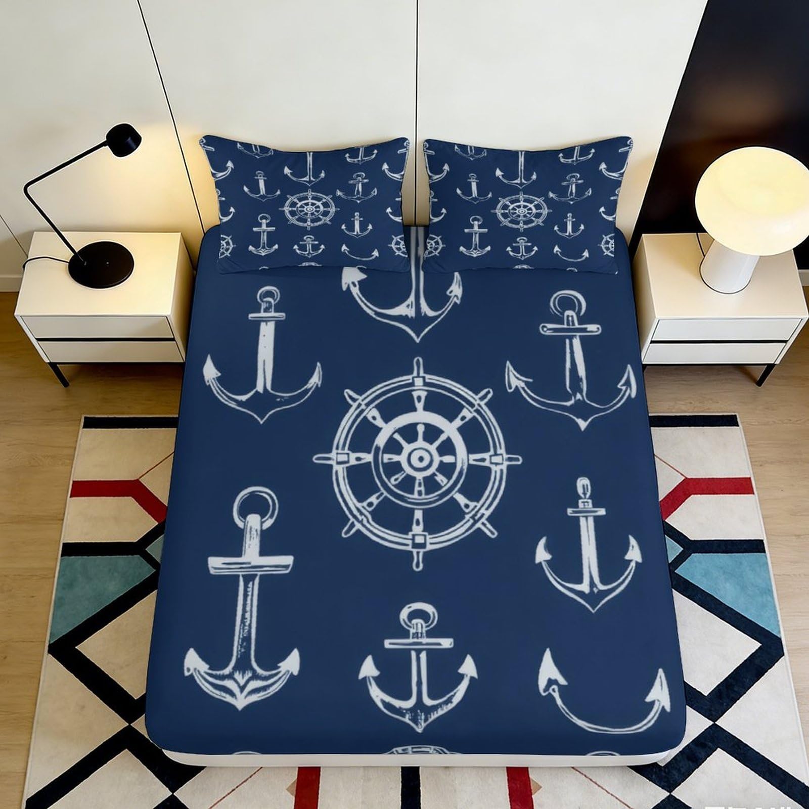 3D Printed Nautical Anchor Fitted Sheet Microfiber Navy Blue Maritime Wheel Mattress Cover Bedroom Decor 90x200x25cm