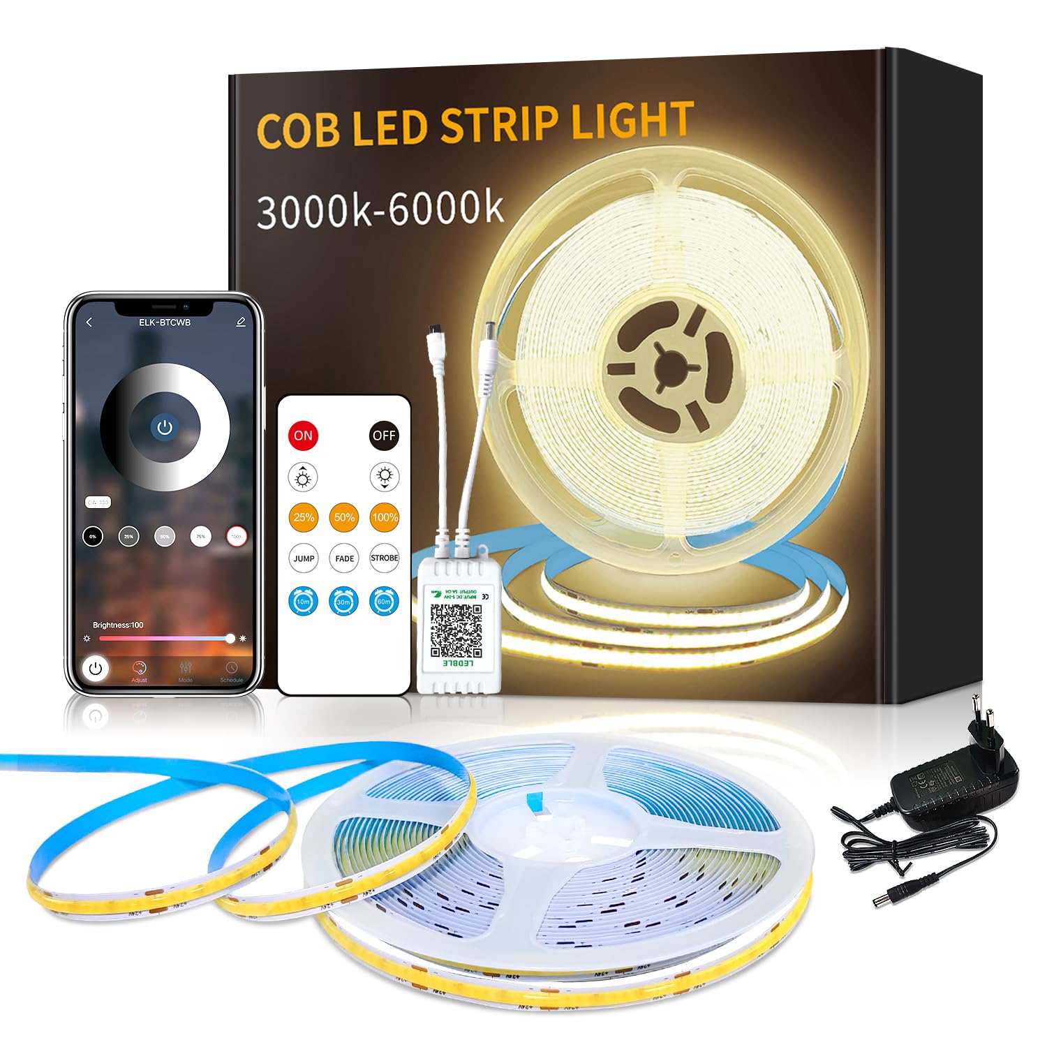 Yeewhale cob Led strip 10m,APP Steuerung,mit Fernbedienung, DC24V 3000k Warmweiß LED band,flexible Dimmbar COB LED Streifen, anwendbar auf Schlafzimmer, Raum,DIY Dekoration
