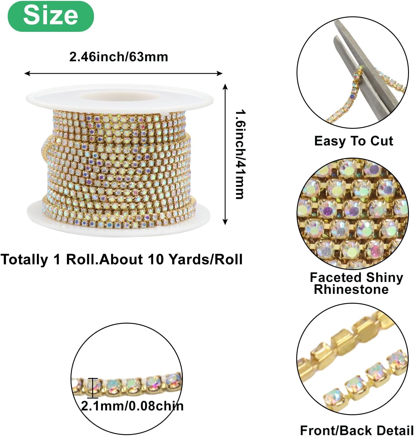 Jiozermi Gold AB Crystal Rhinestone Chain Roll, 2mm, 10 Yards