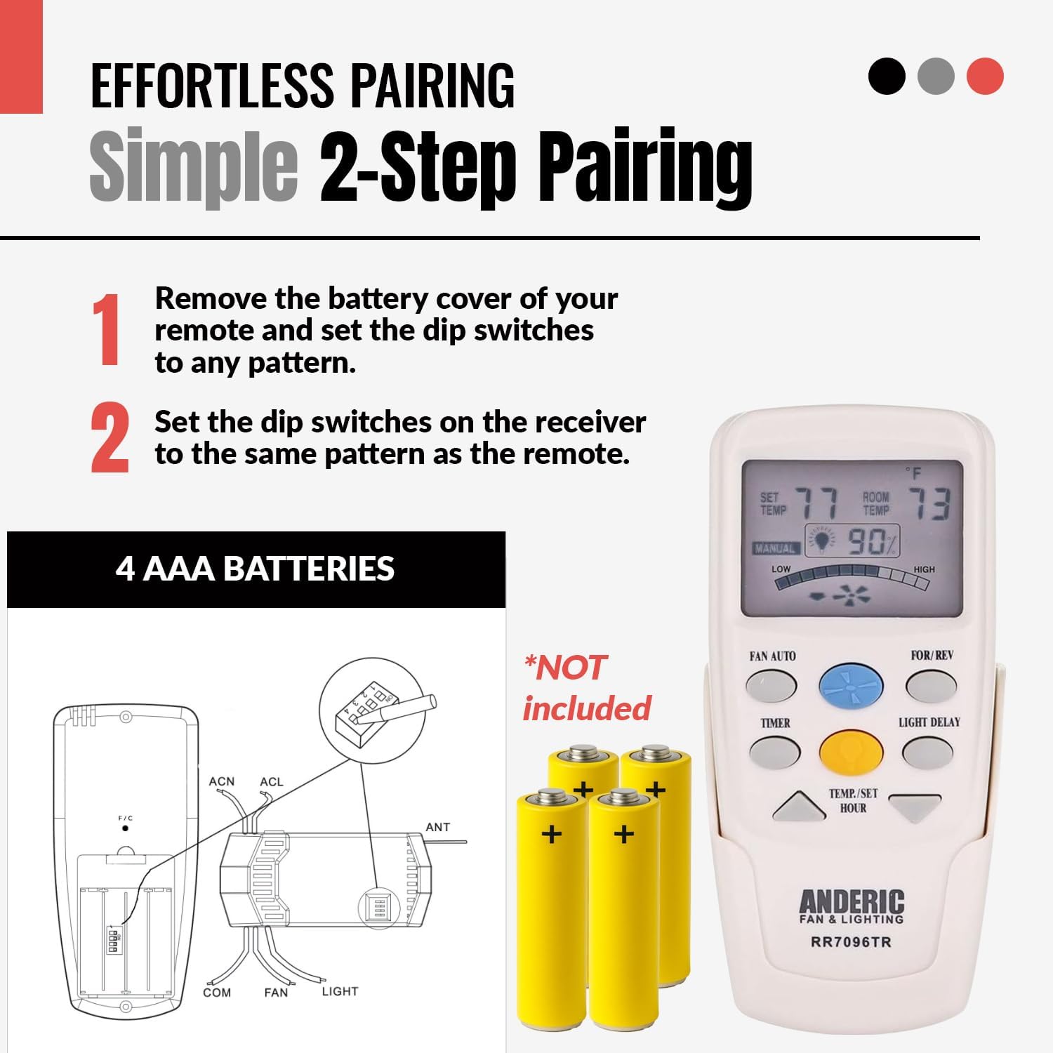 Diagram showing 2-step pairing process for Anderic remote with dip switches