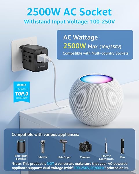 Adaptateur Prise Universelle, Adaptateur Voyage International avec 2 USB-C, 2 USB-A & 2 AC, Concerner France vers USA, UK, EU, AU & 224+ Pays (Noir) - 2