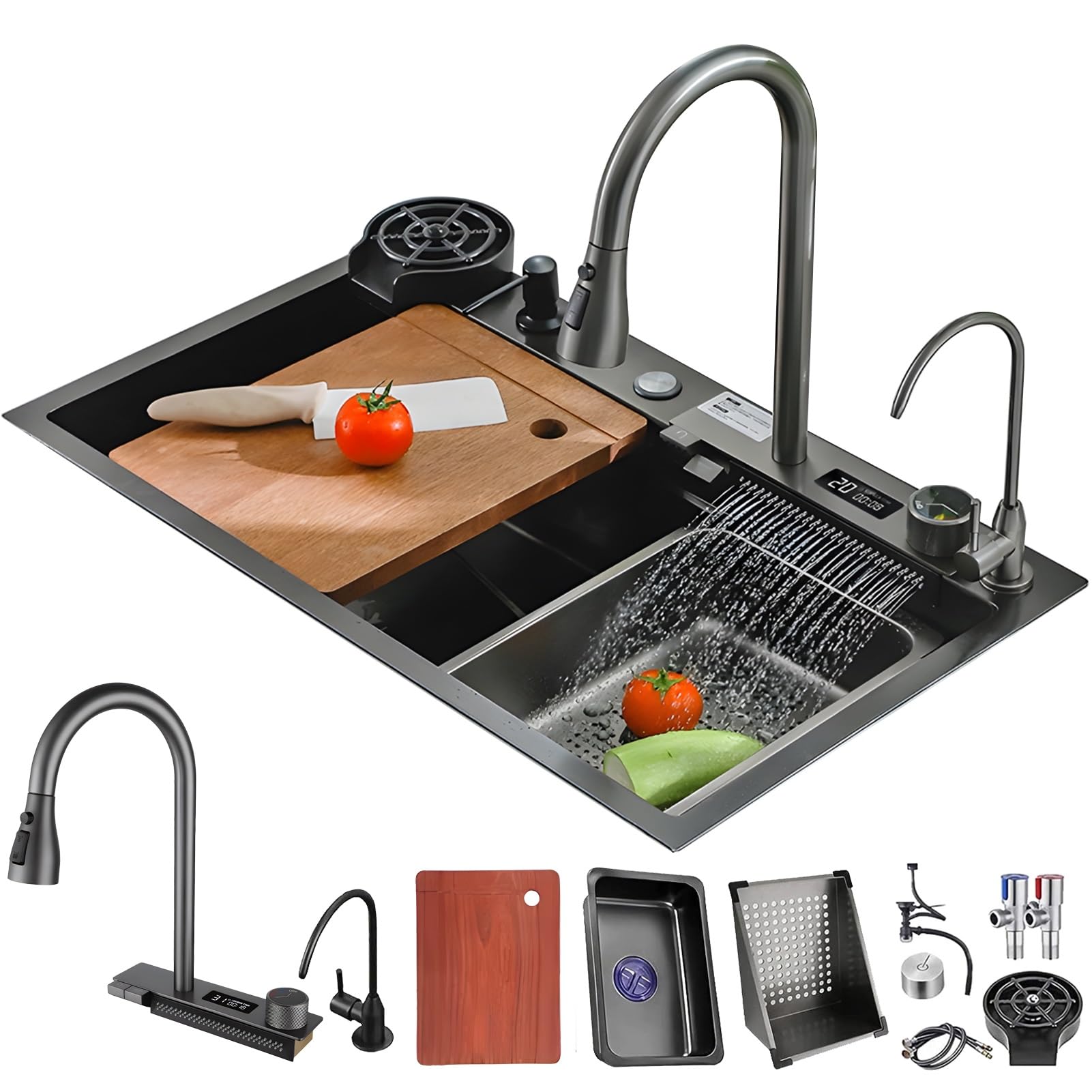 WIQUYBML Black Waterfall Sink, Stainless Steel Kitchen 1 Basin, Multifunctional Modern Sink with Siphon, Glass Rinser and Drain Baskets, Overflow Set, Accessories
