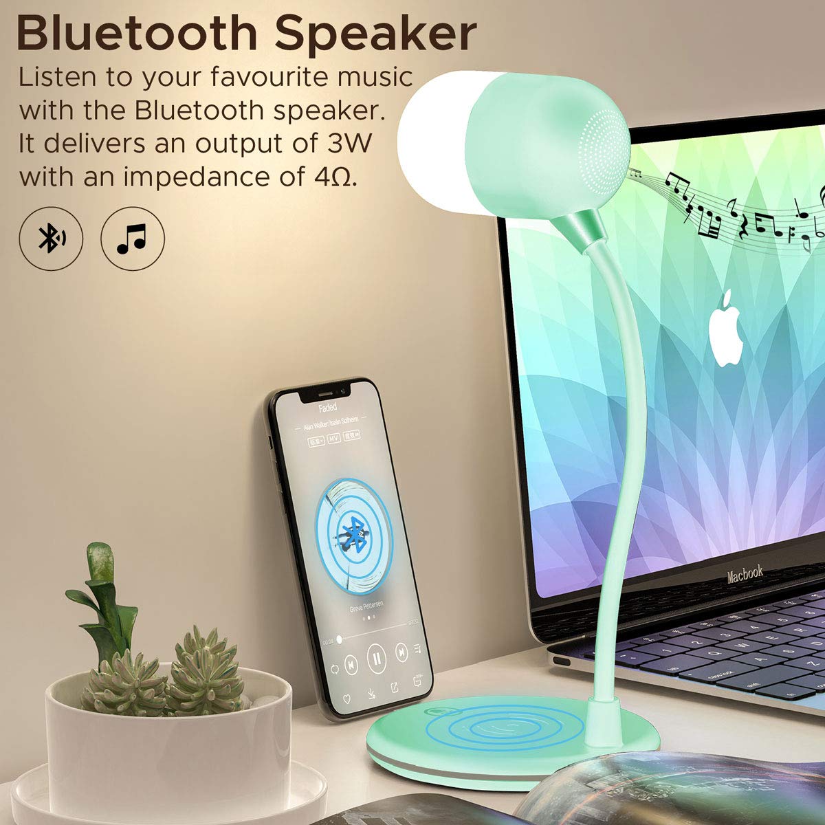 Promate LumiQi lampa biurkowa LED z bezprzewodową ładowarką Qi, regulowana lampa stołowa z czujnikiem dotykowym typu łabędzia szyja z głośnikiem Bluetooth 3 W i bezprzewodową ładowarką z certyfikatem