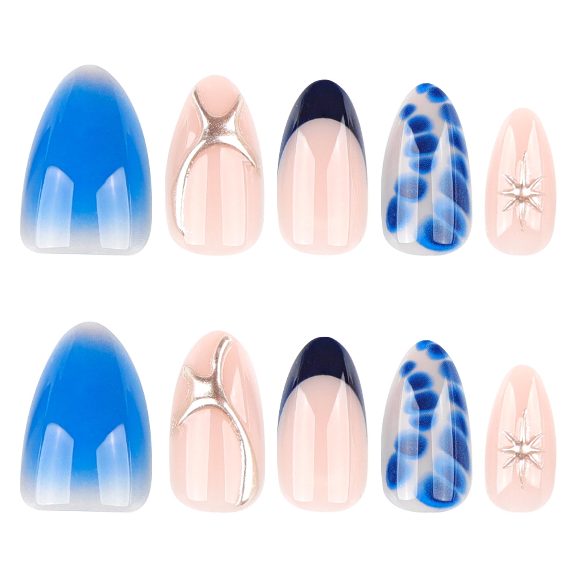 SXVME Royal Blue French Tip Press on Nails Short Almond with 3D Gold Lines Stars Full Cover False Nails Short Stiletto - Image 3