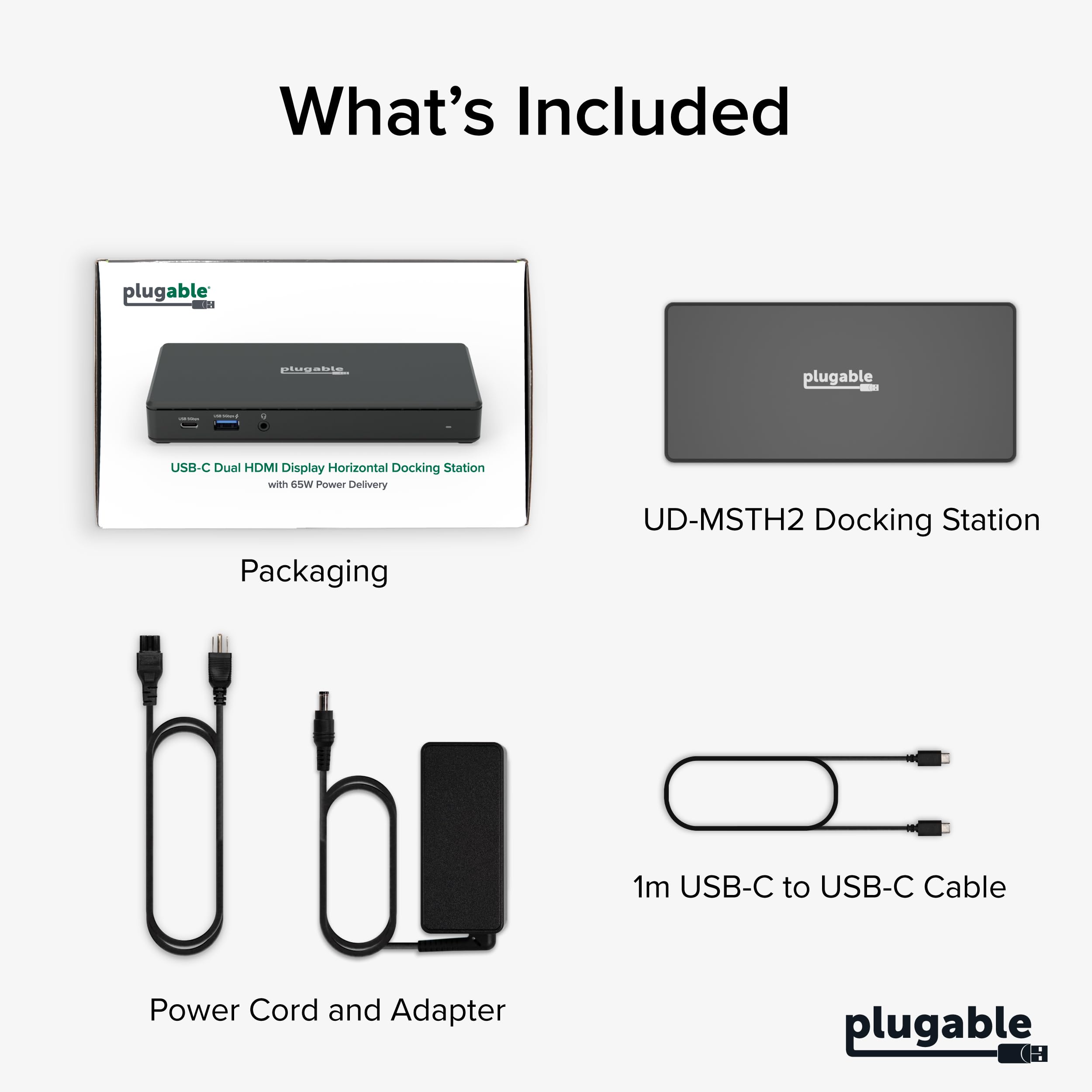 Plugable UD-MSTH2 Station d'accueil USB C double moniteur 2 ports HDMI, station de distribution d'alimentation, double moniteur 4K pour Windows, ChromeOS, 1 port USB-C, 3 ports USB, Ethernet et audio