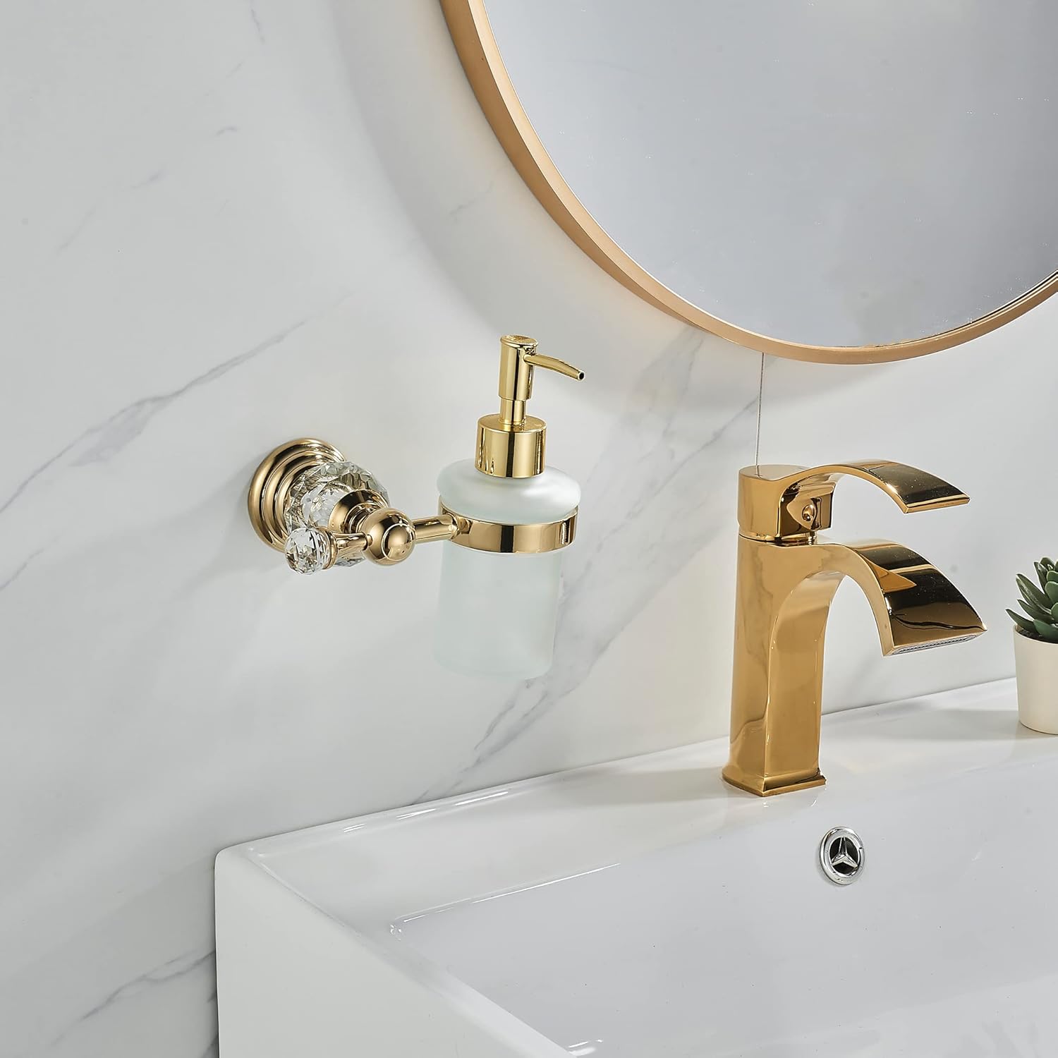 WOLIBEER Crystal Soap Dispenser Wall Mounted, Polished Gold Liquid Soap Holder Bathroom 8.5 OZ Glass Bottle with Pump Stainless Steel - Image 2