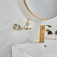 Vista 2 de WOLIBEER Dispensador de jabón de cristal montado en la pared, soporte de jabón líquido dorado pulido para baño, botella de vidrio de 8.5 onzas