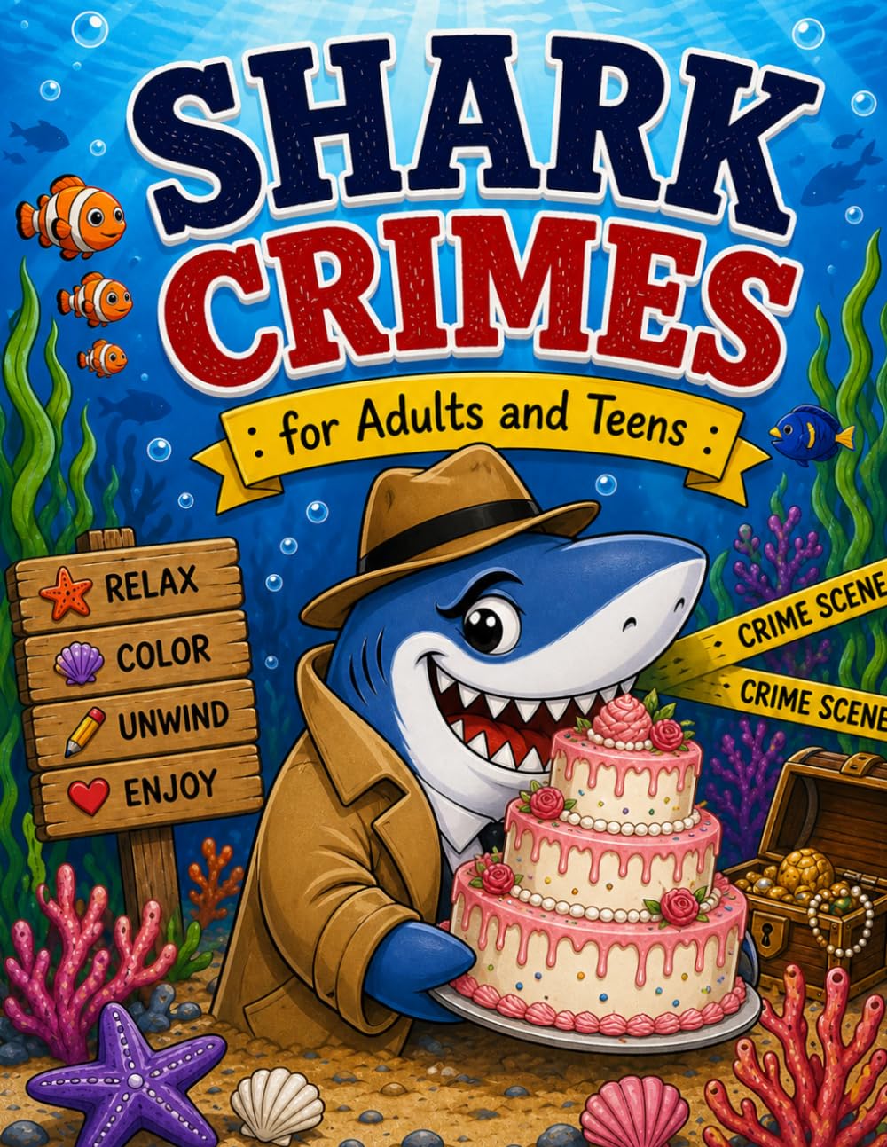 Shark Crimes: A Funny and Relaxing Coloring Book for Adults and Teens Featuring Silly Sharks Adventures and Ocean Trouble