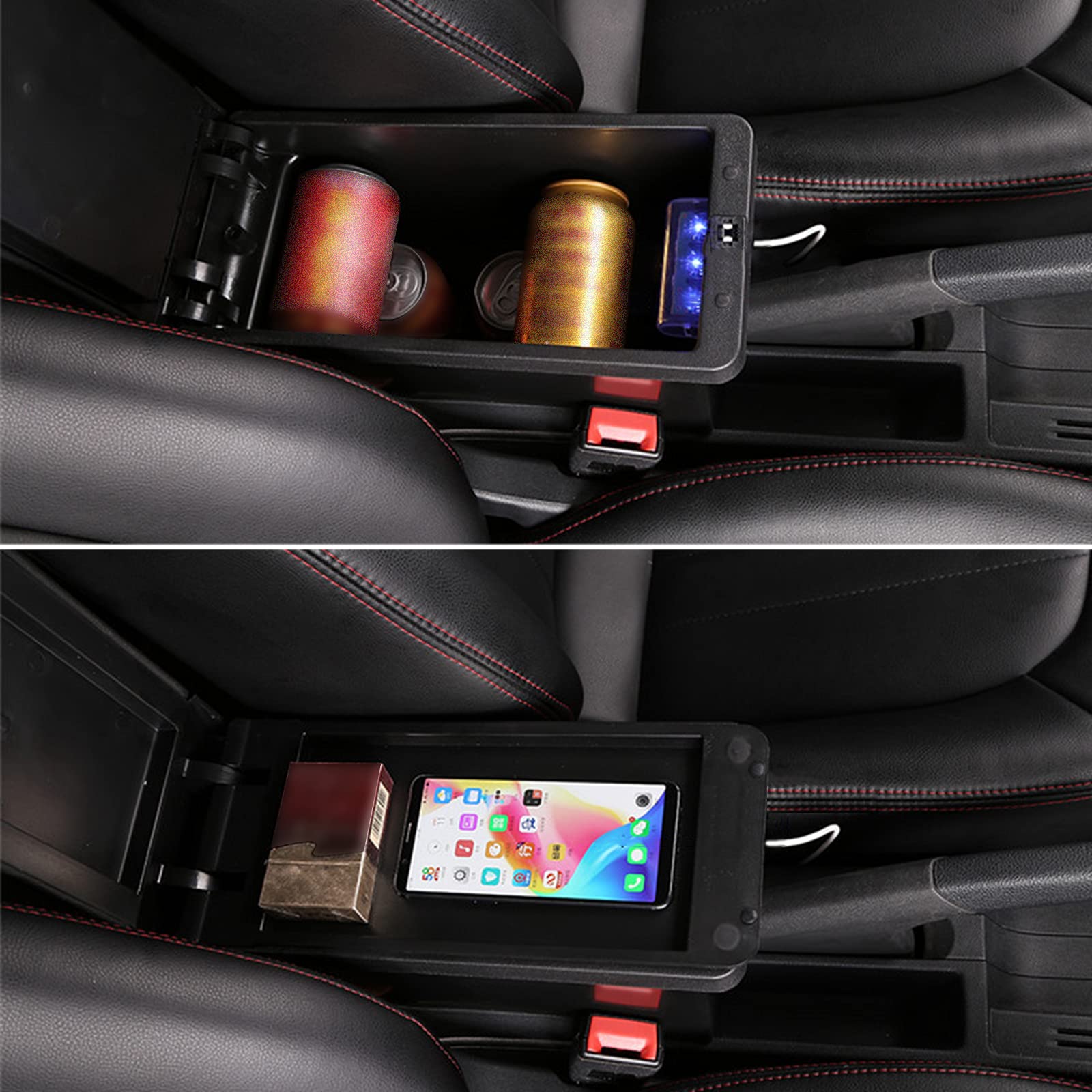 Podłokietnik samochodowy do Peugeot 208 2013-2018, dwuwarstwowy, czarny, skórzany podłokietnik, konsola środkowa z 3 interfejsami USB, akcesoria do wnętrza samochodu