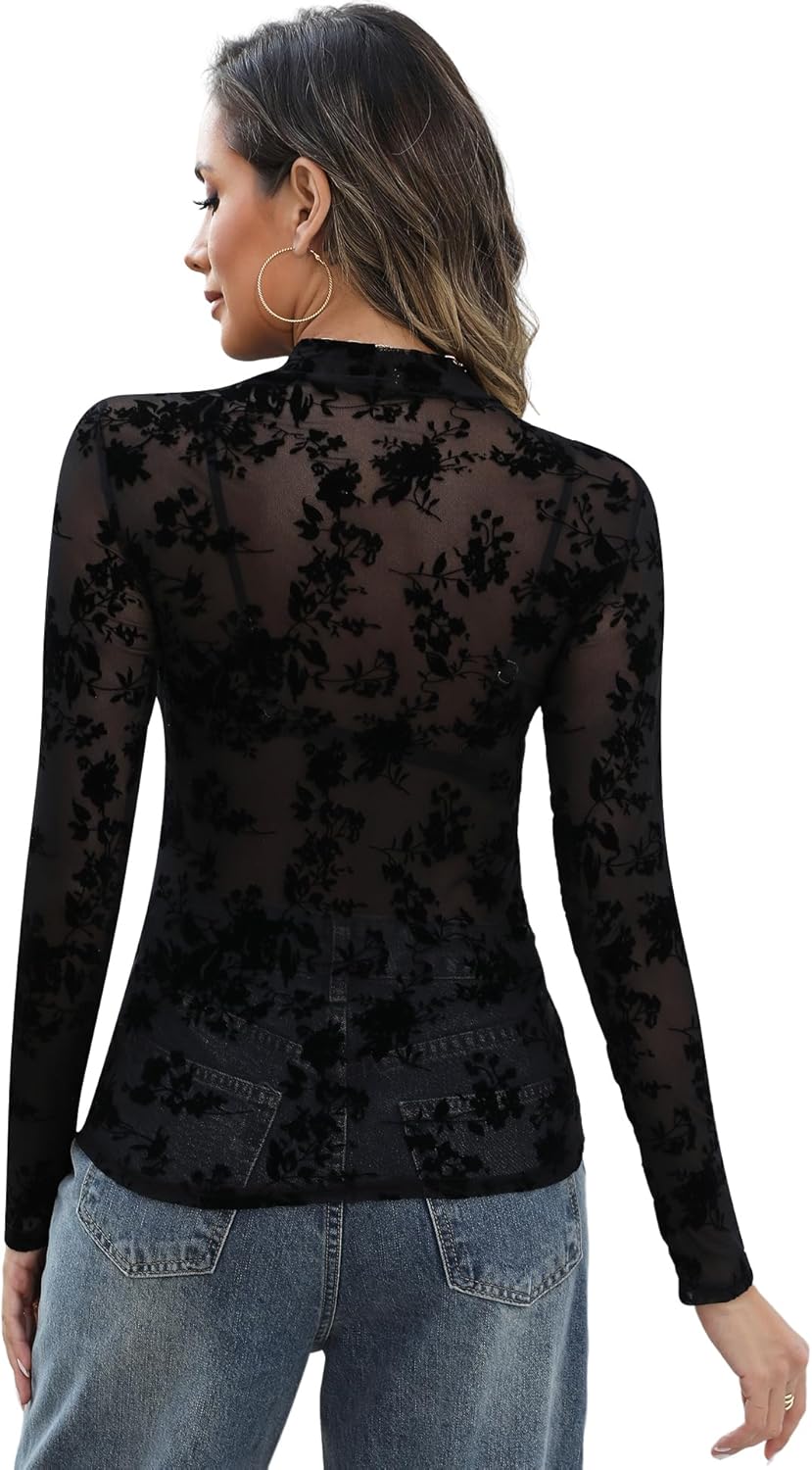 KTILG Womens Mesh Long Sleeve Top Sheer Blouse Sexy See Through Tee Shirt Lace Tops S-XXL - Image 2