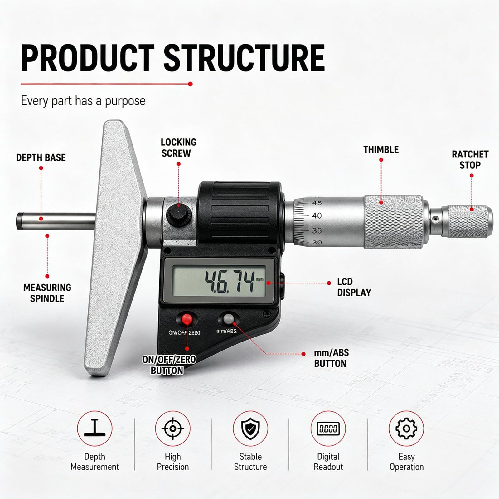 JOSBY Micromètre De Profondeur Électronique Numérique, Résolution De 0,001 Mm, Outil De Mesure De Profondeur De Précision, avec Affichage Et Butée À Cliquet, pour Lusinage