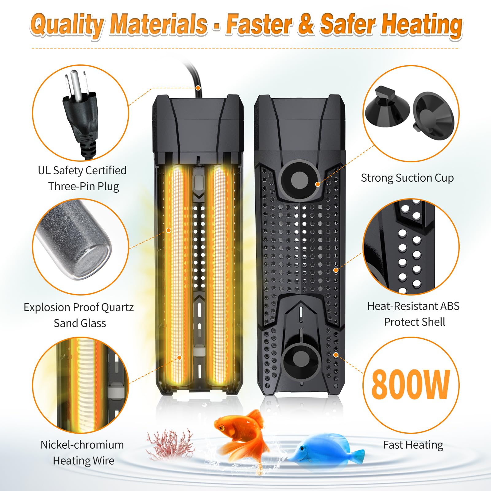 Chauffage submersible pour aquarium, 300 W/500 W/800 W/1000 W | Chauffage d'aquarium pour eau douce et eau salée, arrêt automatique intelligent de chauffage, protection contre la surchauffe