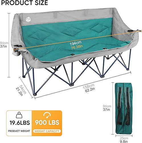 Miniatura 2 de Northroad Silla de campamento para 3 personas, de gran tamaño, 900 libras, silla biplaza de césped para exteriores, sillas plegables acolchadas para