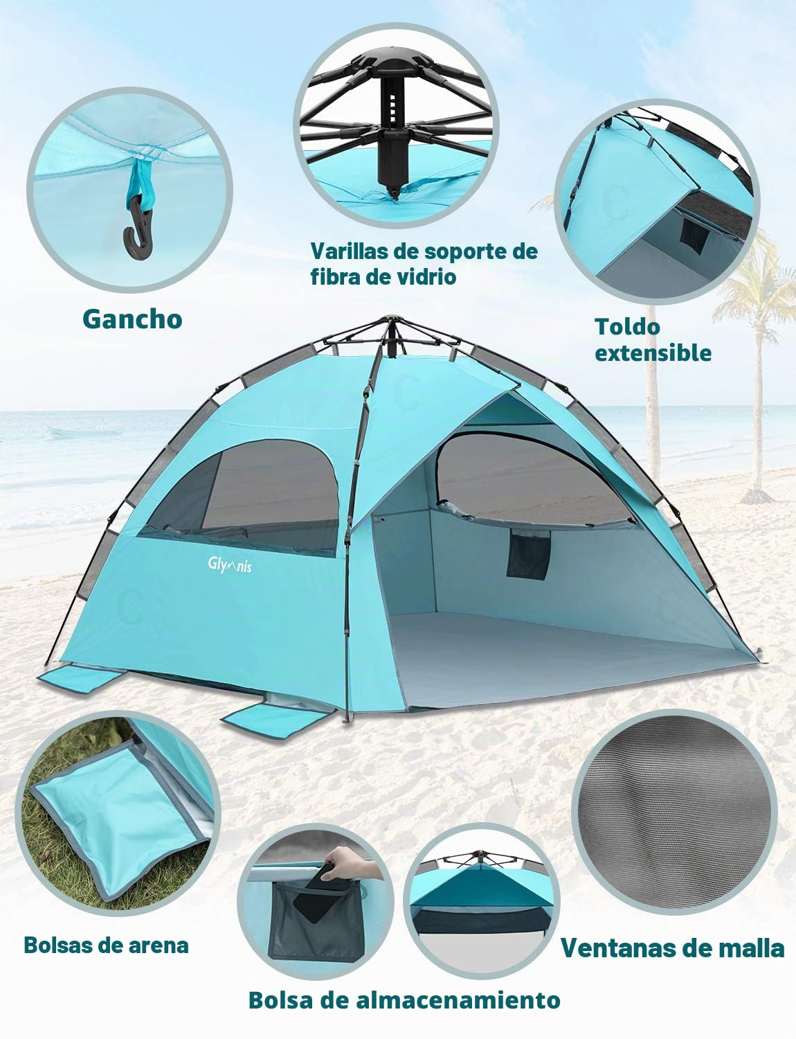 Glymnis Tienda de Playa para 4 – 6 Personas, Carpa Hidráulica Automática Portátil Protección Solar UPF 50+, Proteccion UV, Ventilación con Bolsa de Transporte para Exteriores Picnic