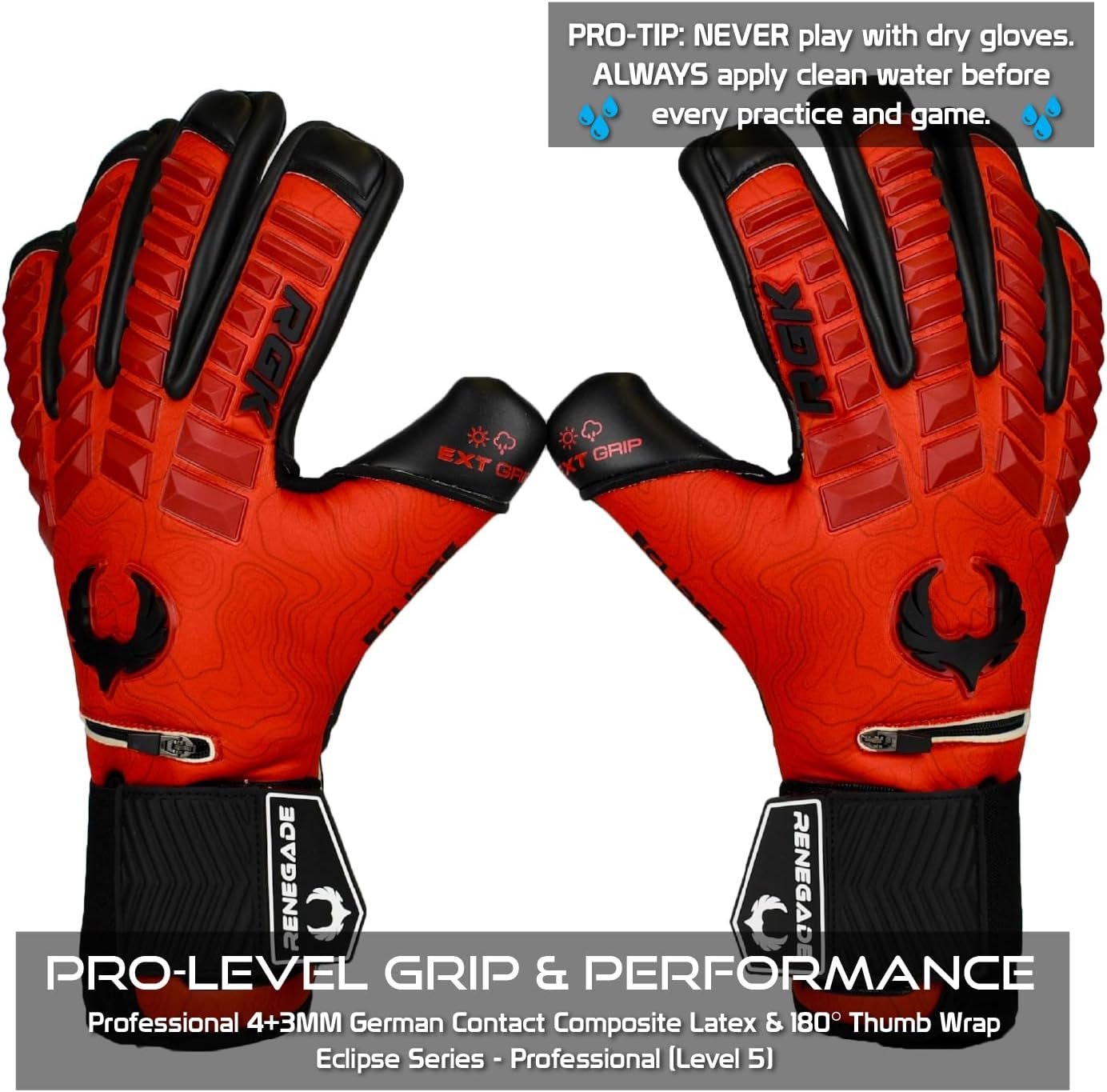 Palms of Renegade GK Eclipse gloves showing the four plus three millimetre contact latex construction