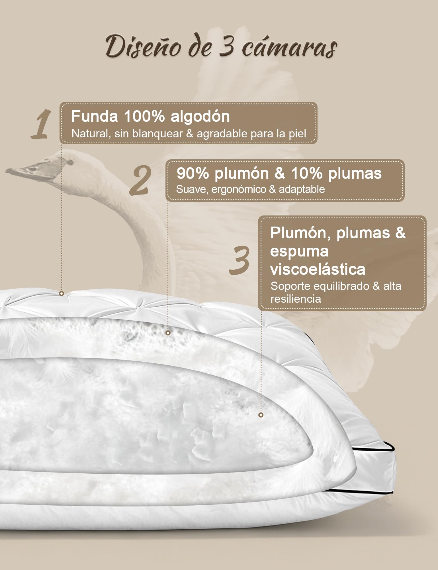BPC Almohada de plumón 40x80 cm Pack de 2, Almohada 3 Cámaras con 90% Plumón Exterior y Relleno Que Contiene Plumas, Suave con Buen Soporte, Funda 100% algodón orgánico, Lavable