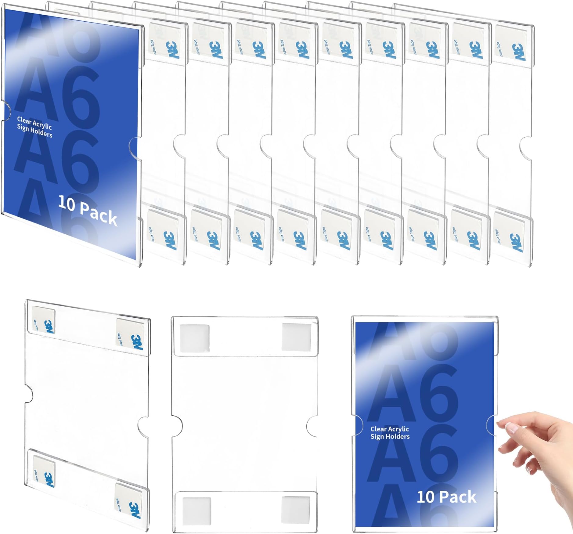 10 Pack Acrylic Wall Mount Sign Holder A6 Clear Sign Holders Vertical, Wall Sign Memo Document Menu Holder with Tape, Crack & Scratch Resistant, No Drilling Required