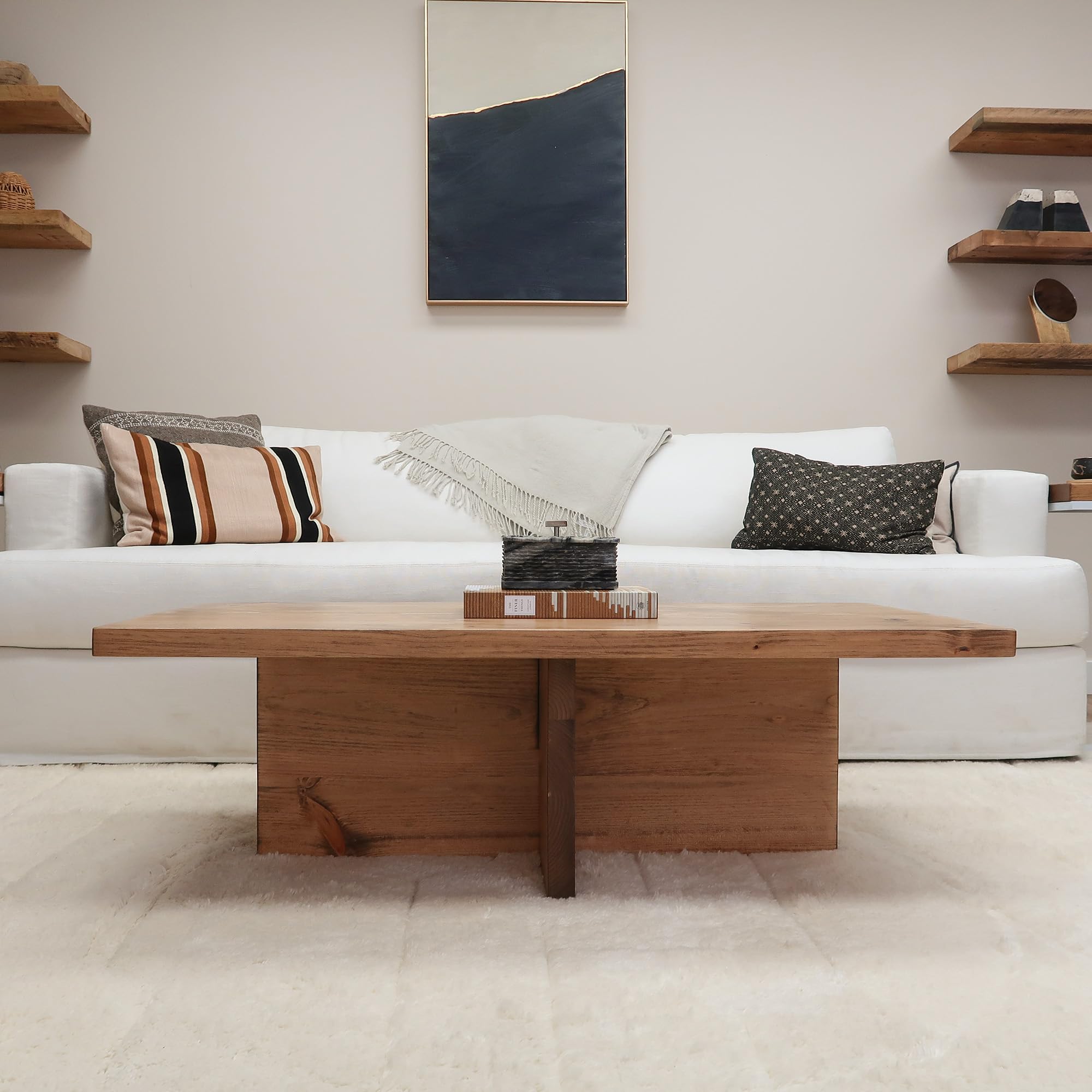 Solid Wood Coffee Table with Cross Base Legs, Rustic, Modern, Living Room, Bedroom, (Aged Oak, 36Wx18Dx15H)