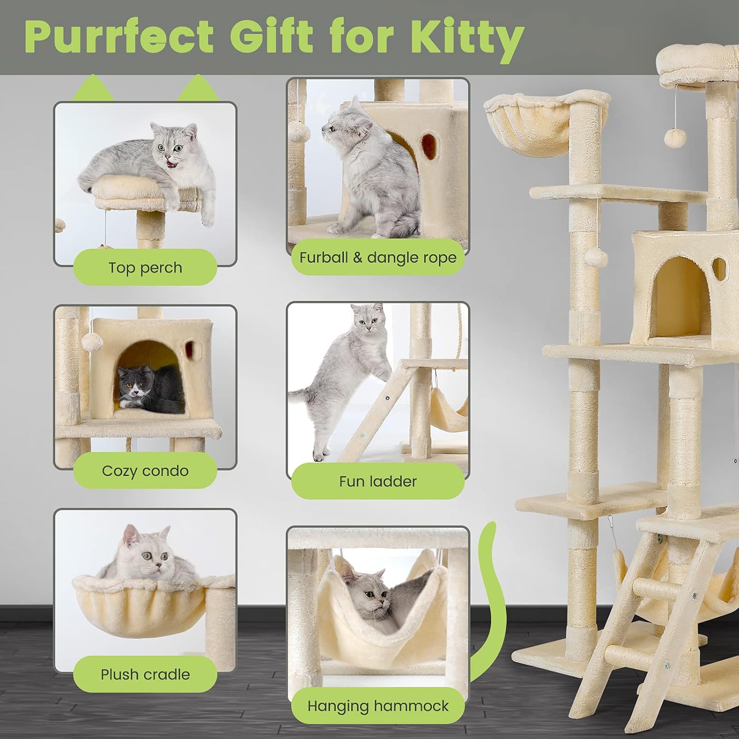 AOKCATS Cat Tree Cat Tower, 61 inches Multi-Level Cat Tree for Indoor Cats with Cat Condo, Scratching Posts, Top Perch & Ladder for Kittens Cat Climbing Stand Kitty Play House for Small Medium Cats