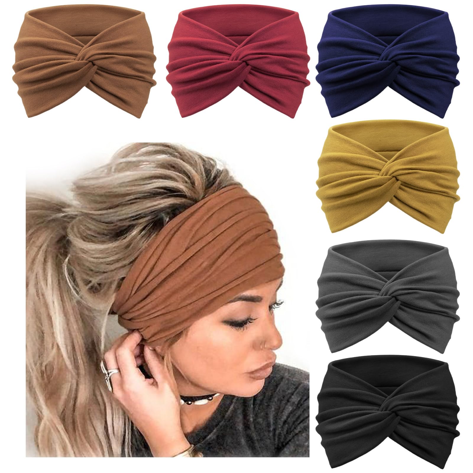 DRESHOW 6 Pack Wide Headbands for Women Extra Large Turban Headband Boho Head Wrap Elastic Hairbands Hair Twisted Knot Hair Accessories