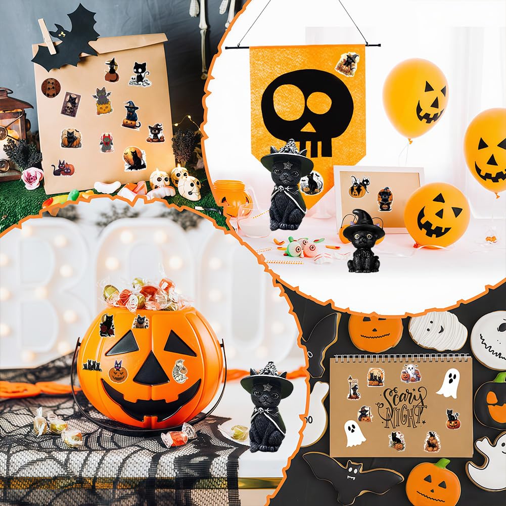 Set de Decoración de Gato-Bruja para Halloween,Figura de Resina con Sombrero de Bruja 50 Pegatinas Decoración Tenebrosa para Ventanas, Mesas y Fiestas Amantes de los Gatos