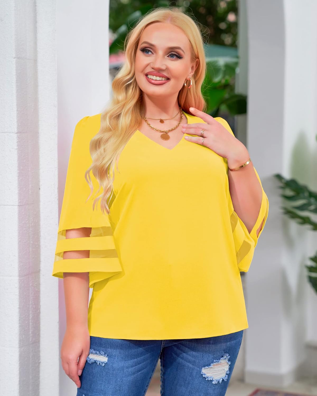 LookbookStore Women's V Neck Mesh Panel Blouse 3/4 Bell Sleeve Loose Top Shirt - Image 8