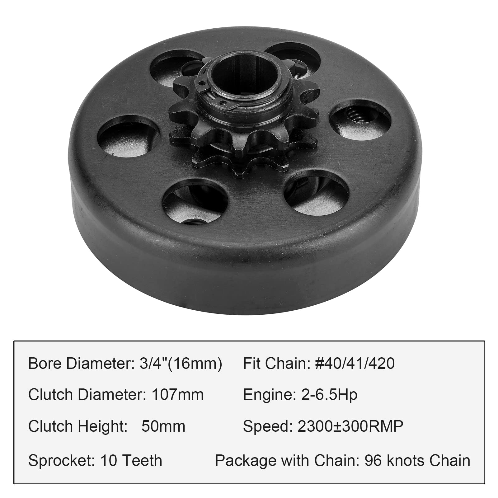 Go Kart Embrayage 3/4 alésage 10T avec chaîne #40/41/420, embrayage centrifuge pour Minibike MB165 & MB200 et moteurs Honda clonés GC160, GC190, GX120, GX140, GX160, GX200 jusqu'à 6,5 HP