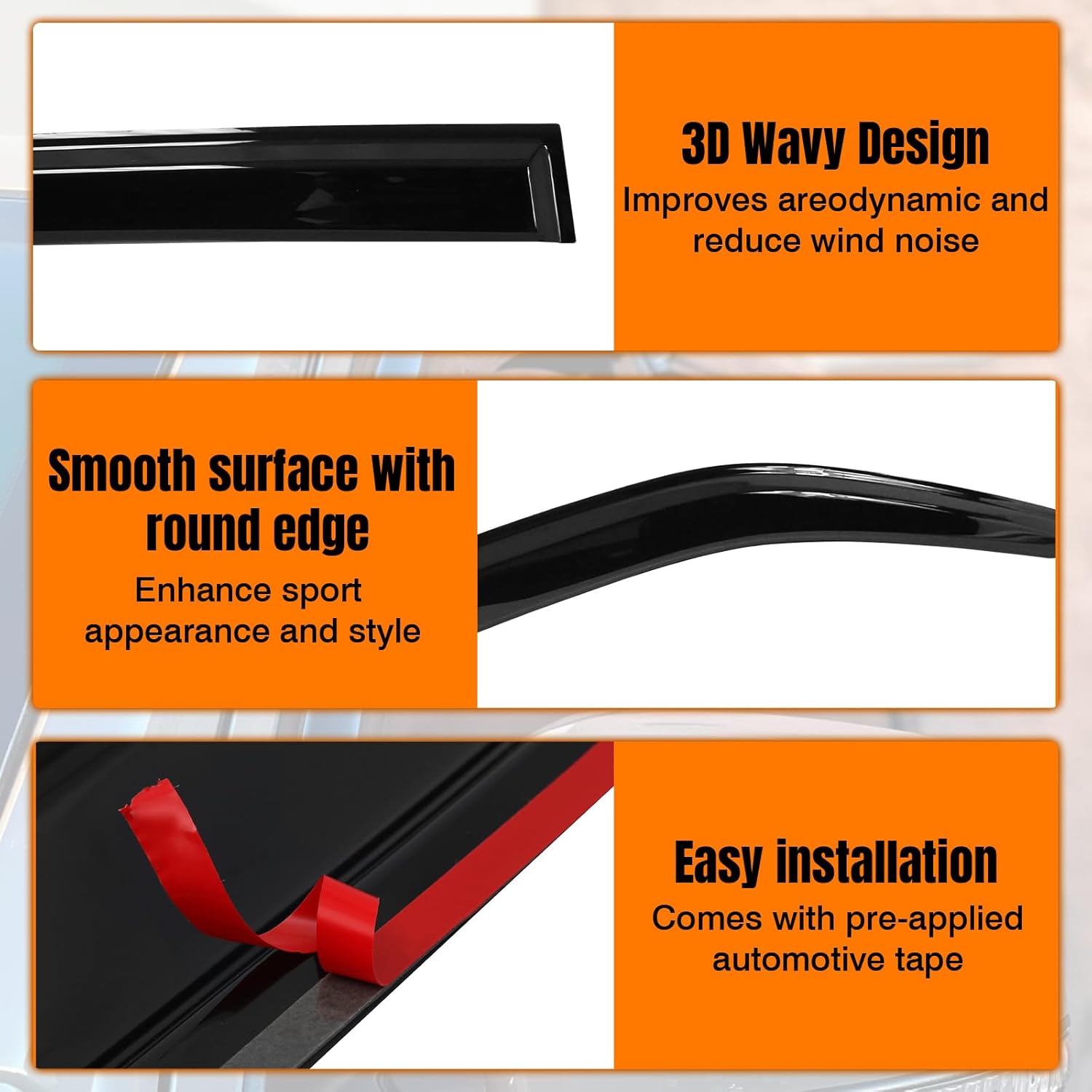 Tape on Window Visor Deflectors, Compatible with 2021-2025 Kia Sorento 4DR, Acrylic Black Slim Style Window Rain Guards, Sun Wind Side Vent Visor Set, 4 Pieces